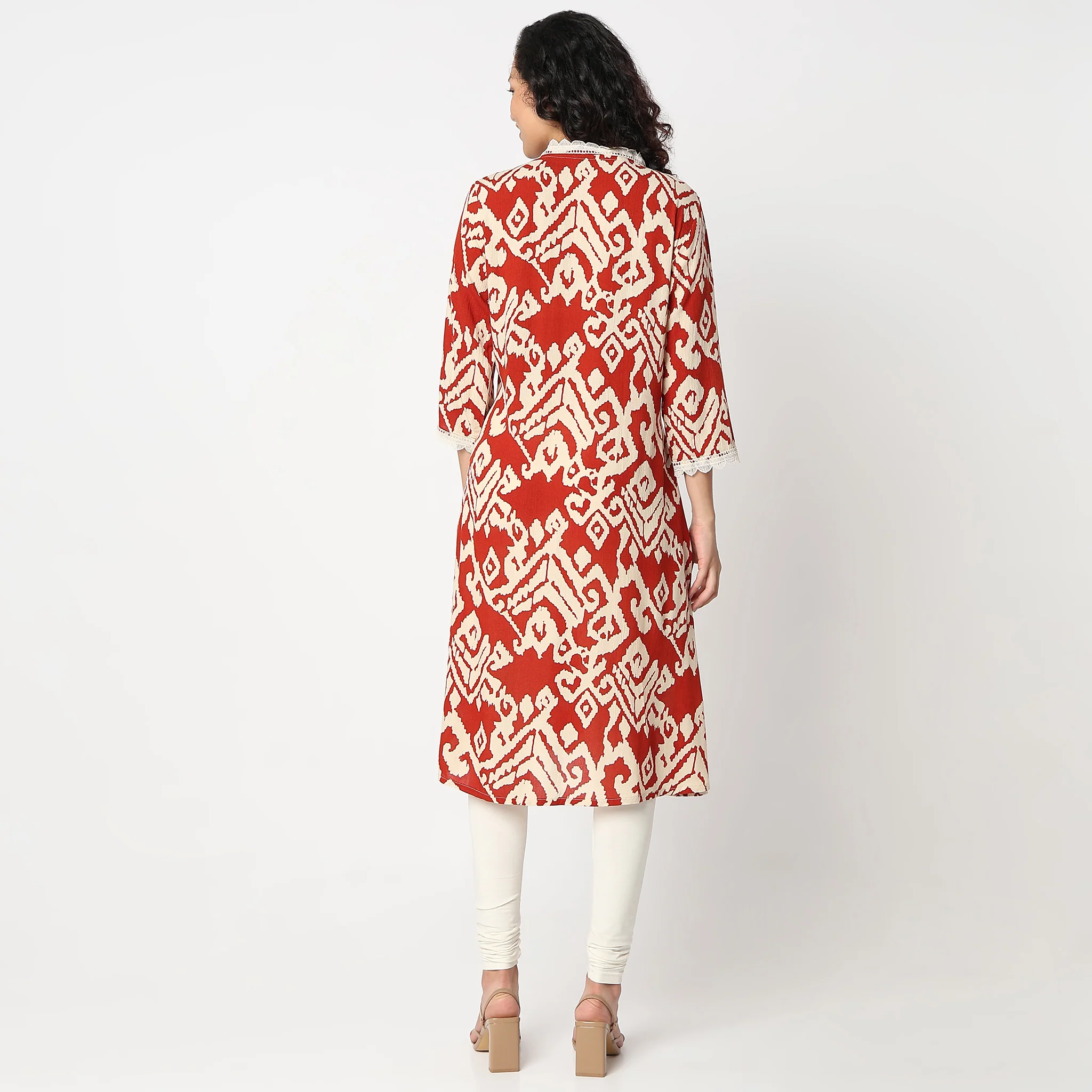 V-Neck Below Knee Three-Fourth Sleeve Flare Fit Printed Kurta - Image 8