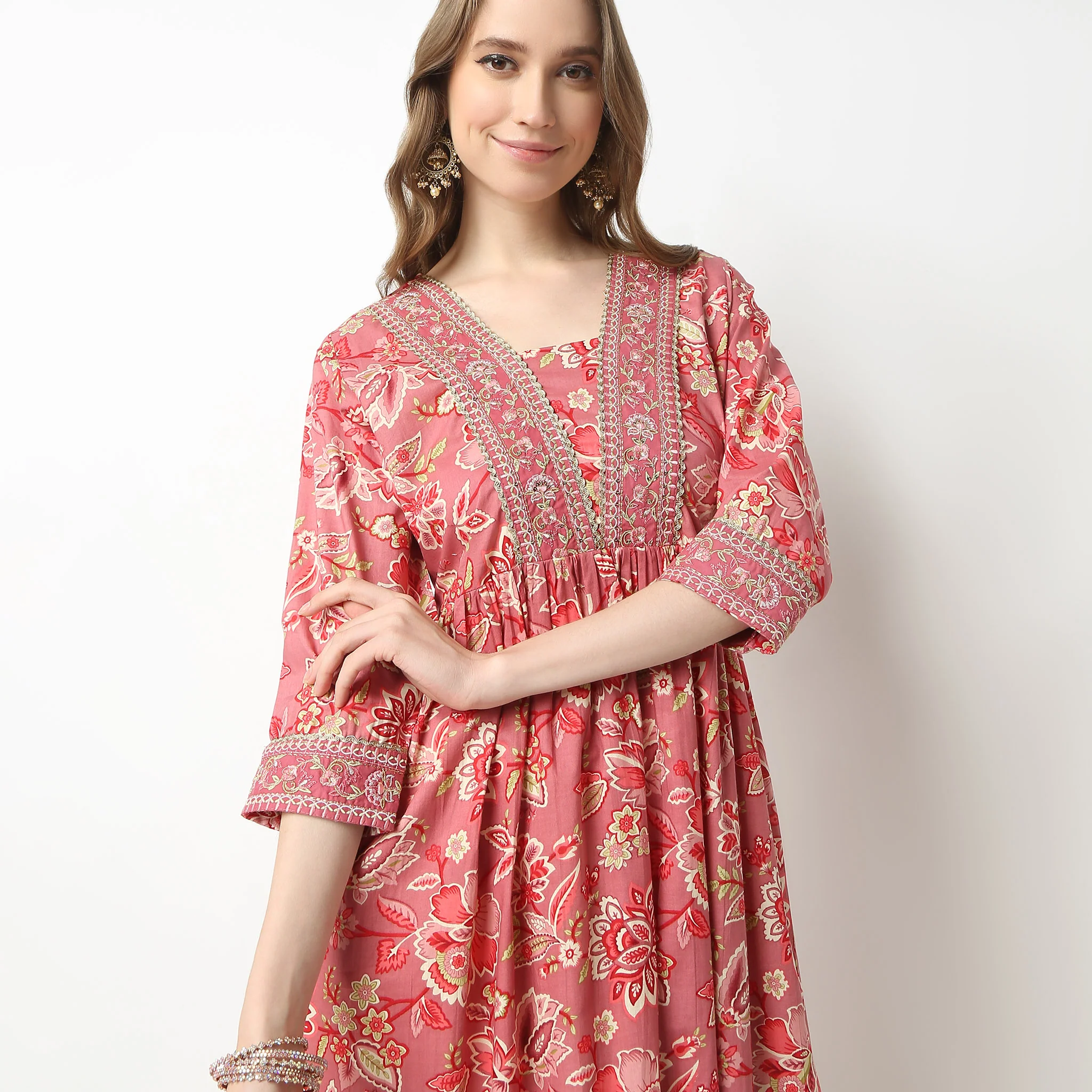 Flare Fit Printed V-Neck Flared Below Knee Alia Cut With Earthy Color Kurta