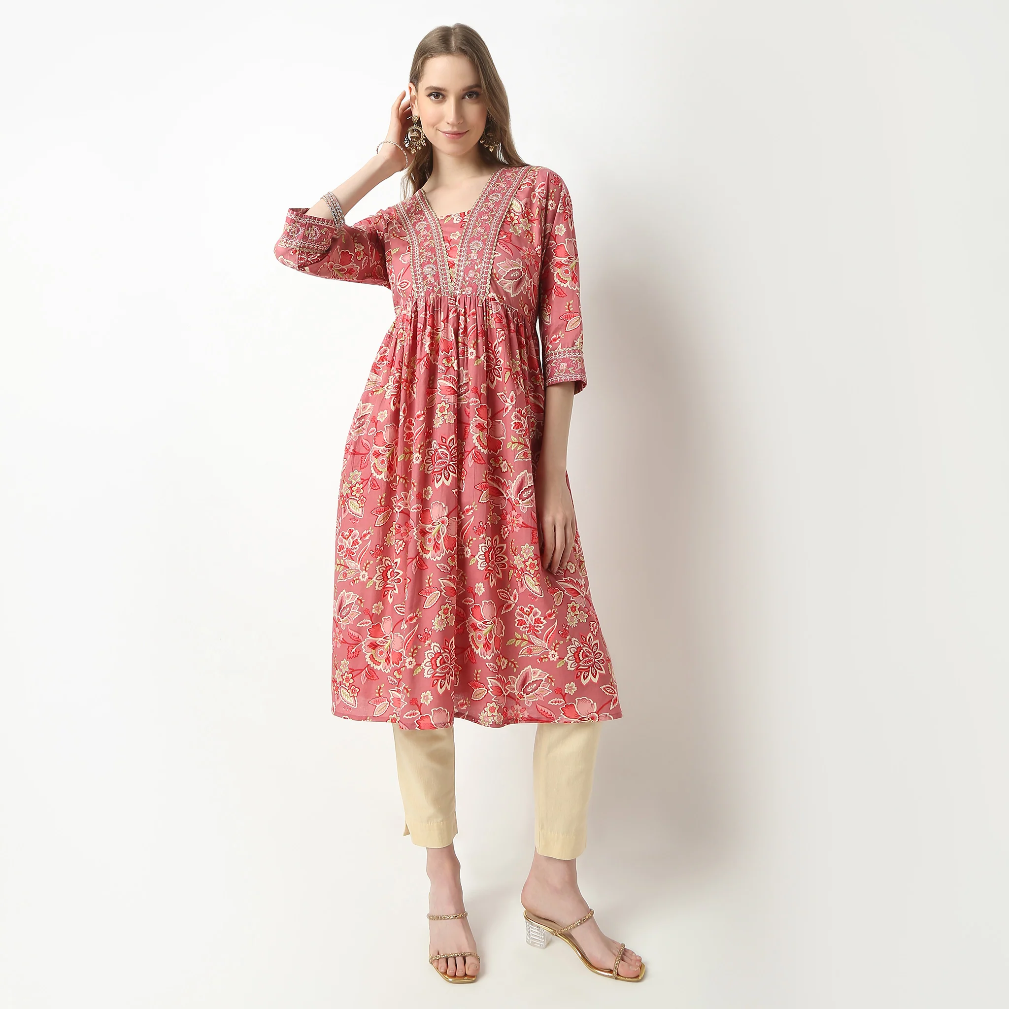 Flare Fit Printed V-Neck Flared Below Knee Alia Cut With Earthy Color Kurta - Image 2