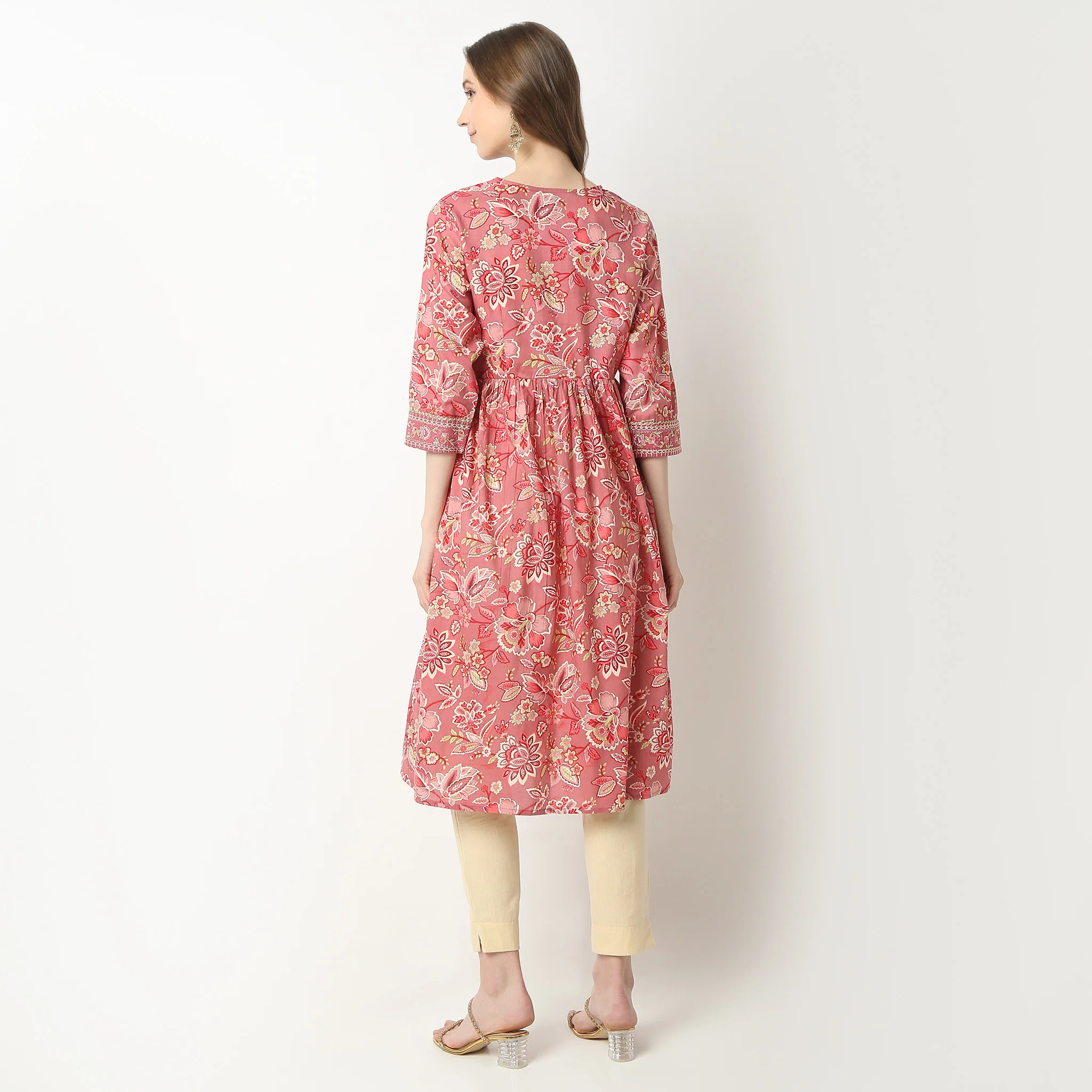 Flare Fit Printed V-Neck Flared Below Knee Alia Cut With Earthy Color Kurta - Image 3