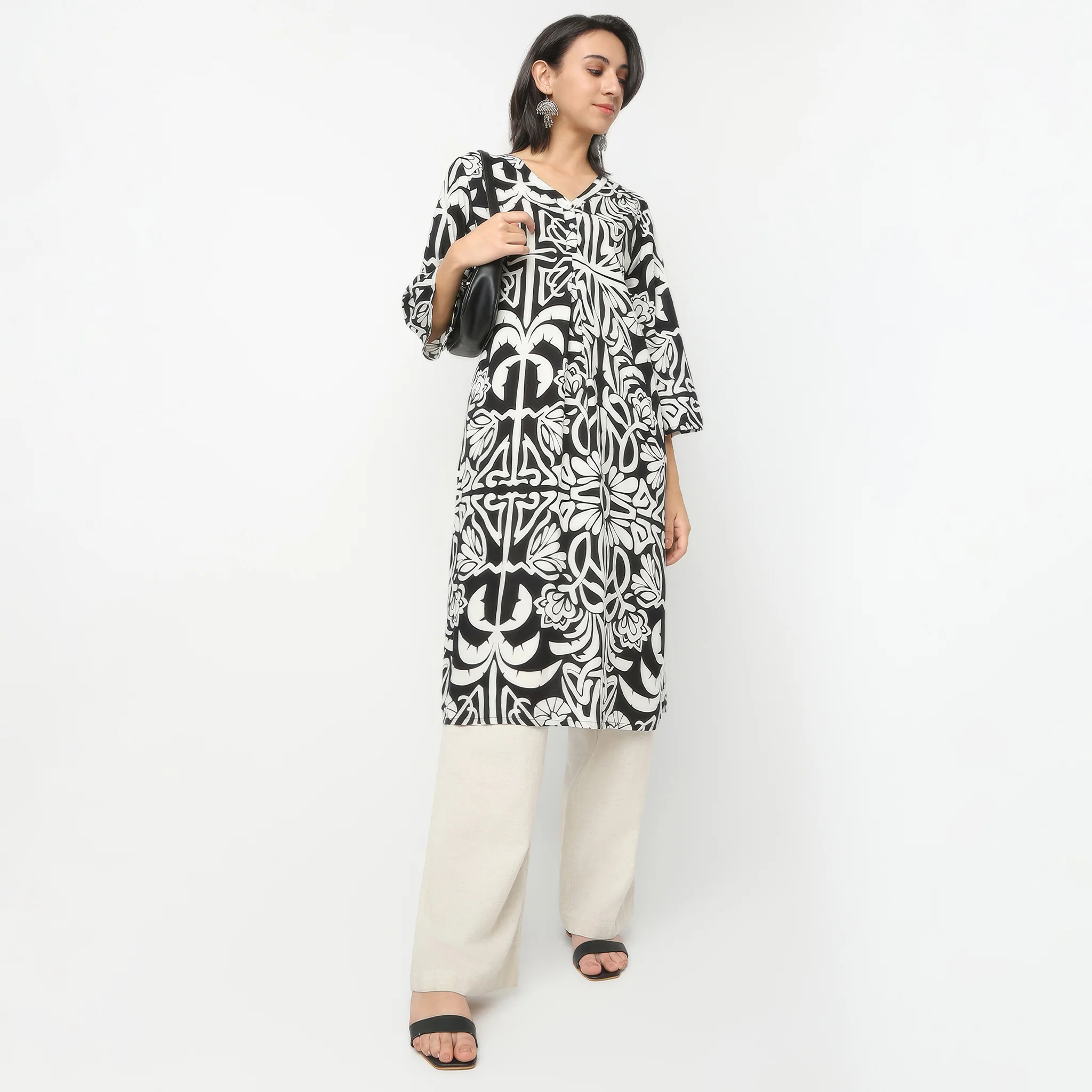 V-Neck Above Knee Three-Fourth Sleeve Flare Fit Printed Kurta