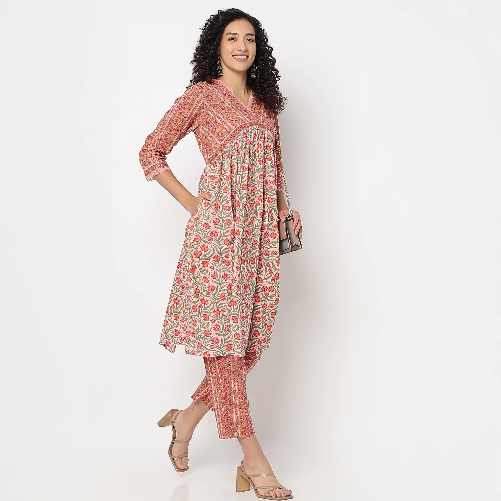 Flare Fit Printed V-Neck Kurta With Pant Set