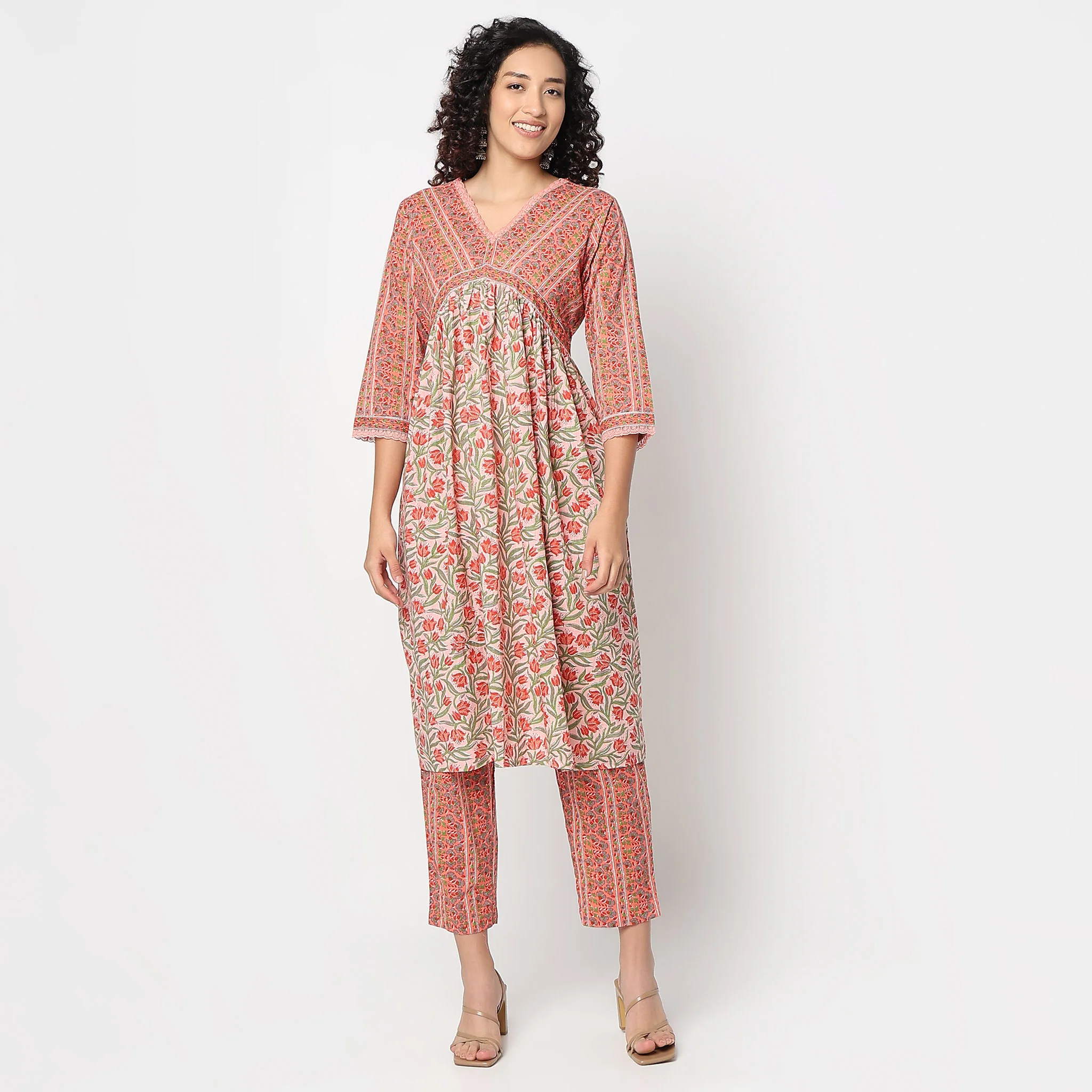Flare Fit Printed V-Neck Kurta With Pant Set - Image 2