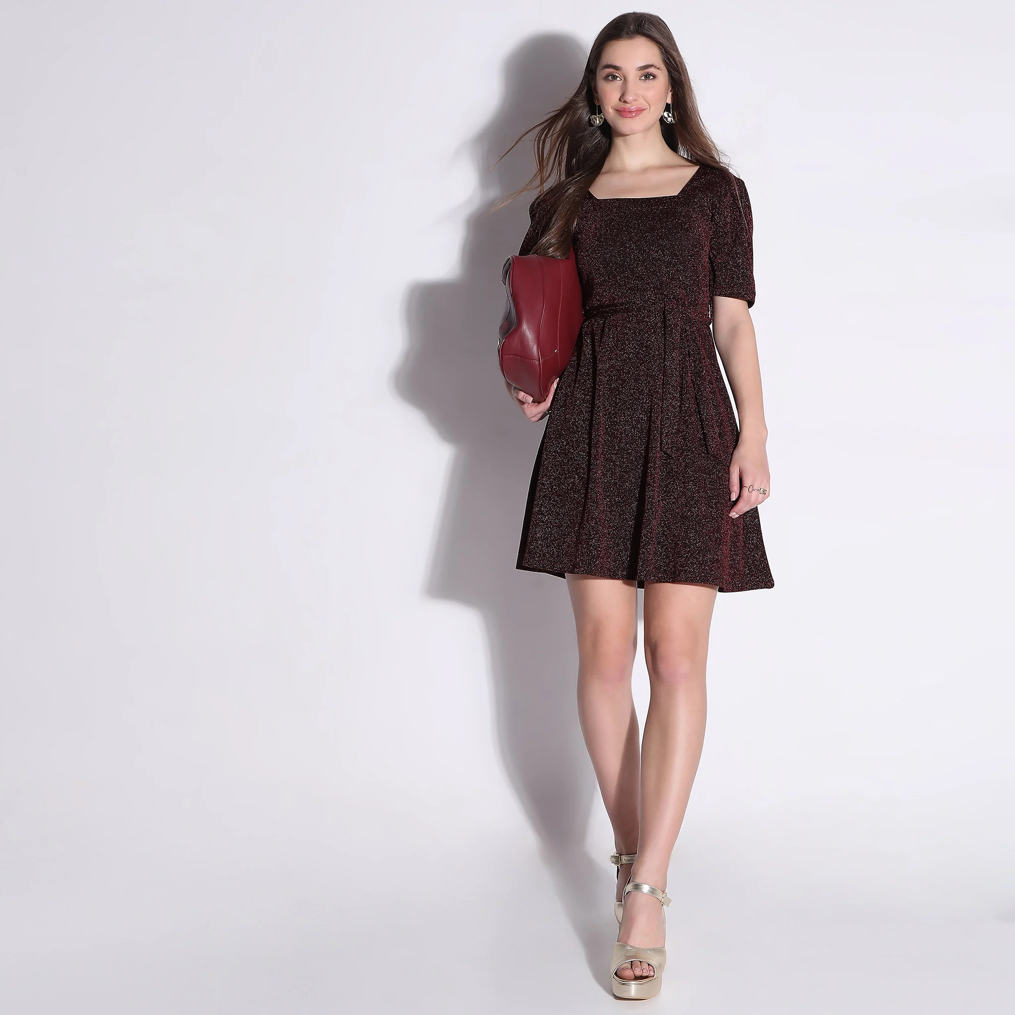Flare Fit Solid Above Knee Short Sleeve Party Dress - Image 2