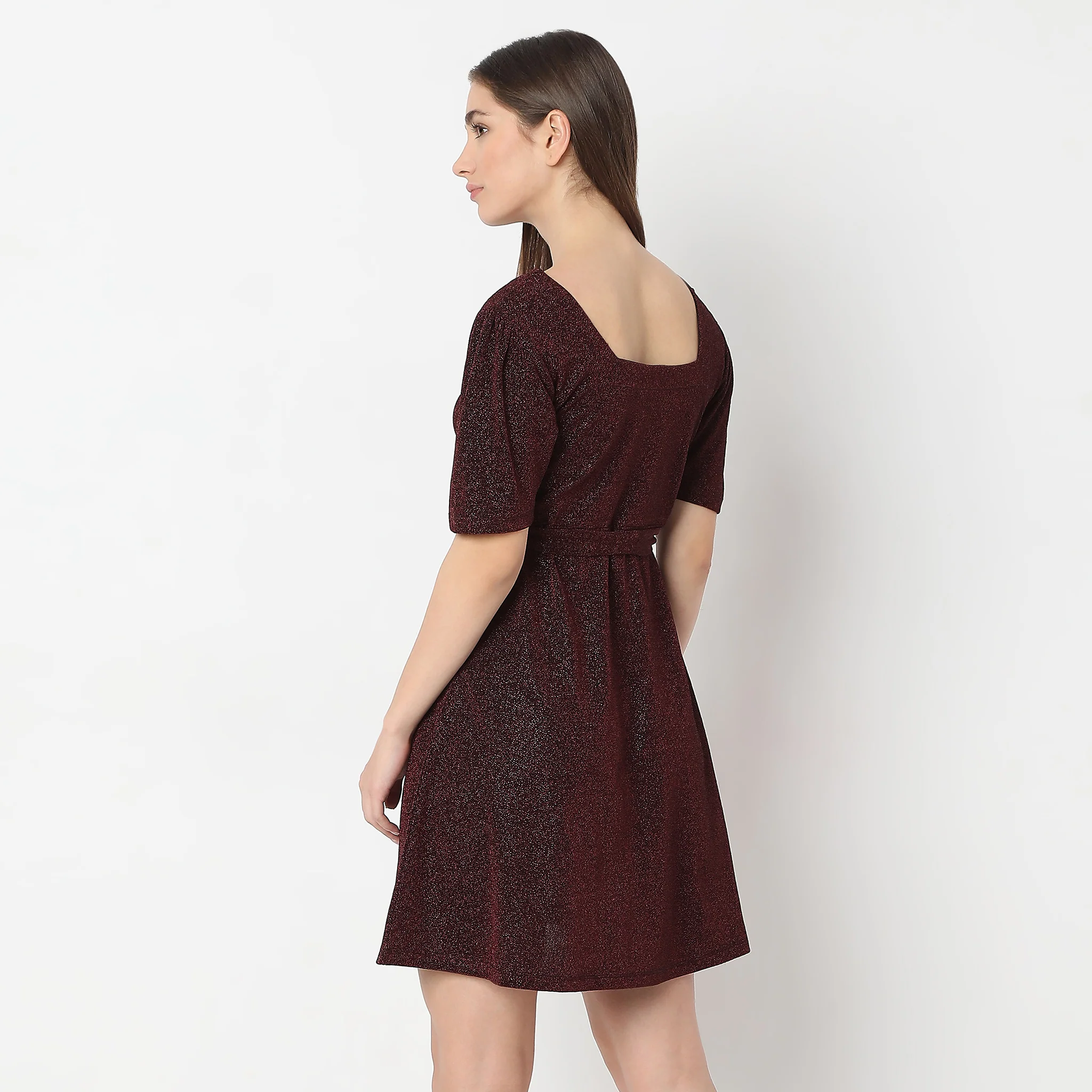Flare Fit Solid Above Knee Short Sleeve Party Dress - Image 3