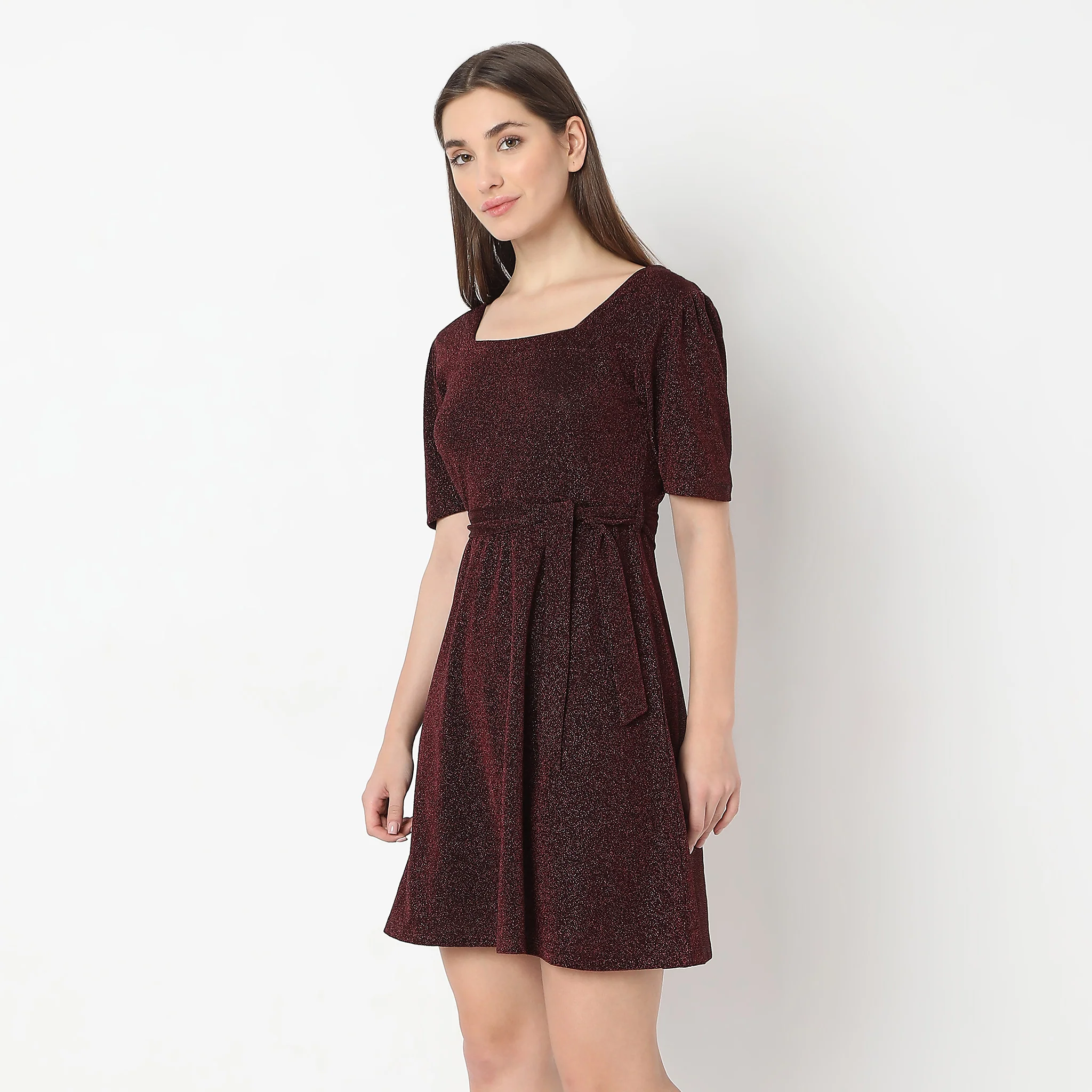Flare Fit Solid Above Knee Short Sleeve Party Dress - Image 5