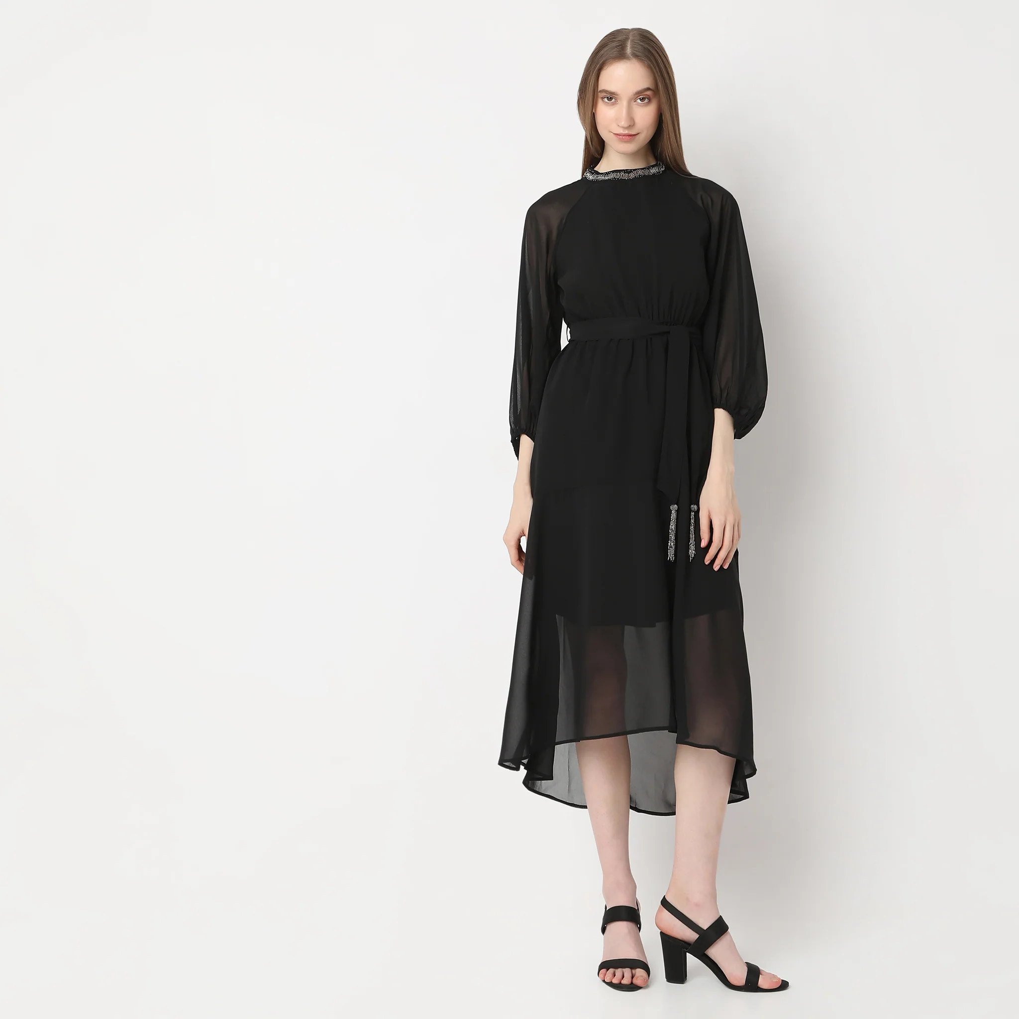 Flare Fit High-Low Solid Dress - Image 2
