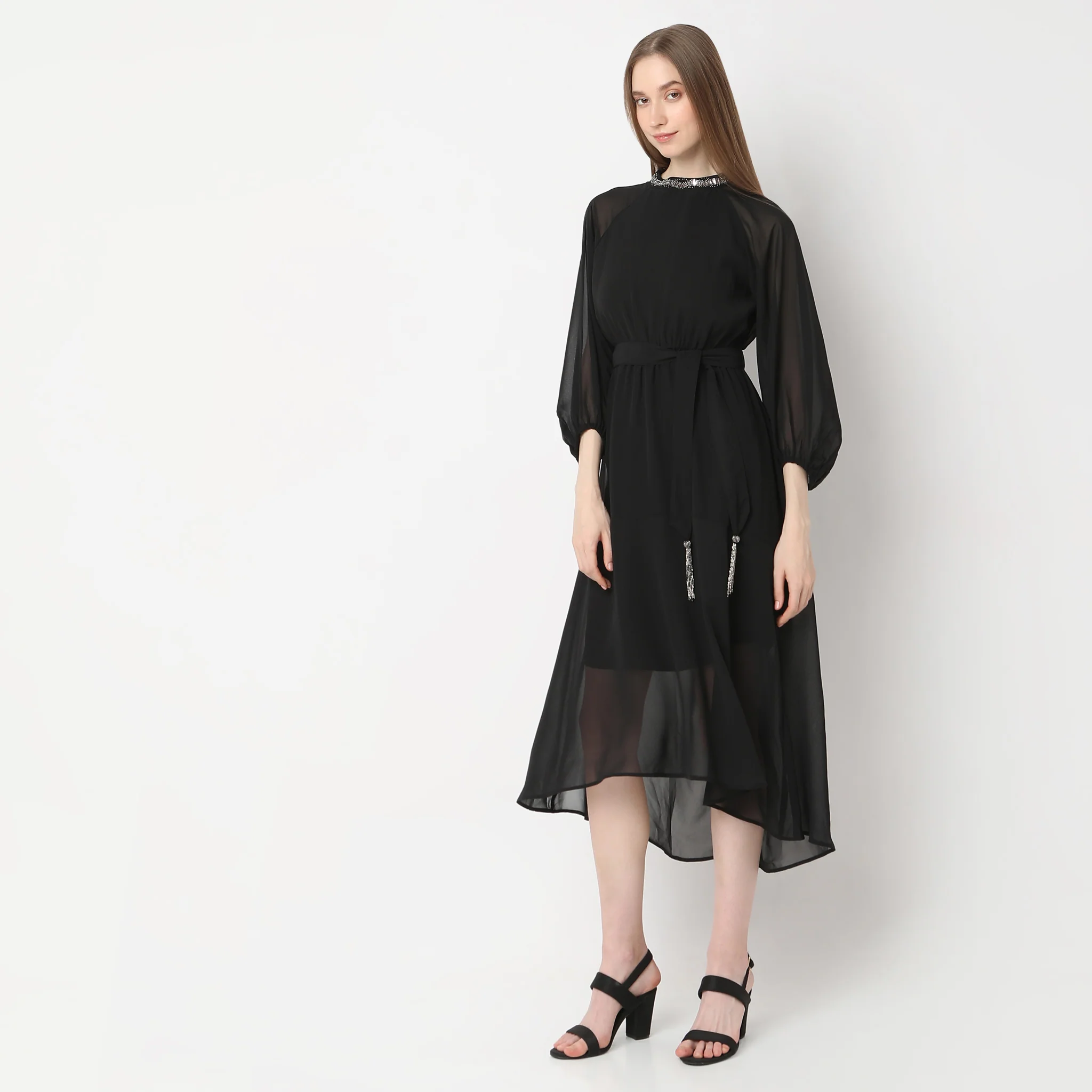 Flare Fit High-Low Solid Dress - Image 5