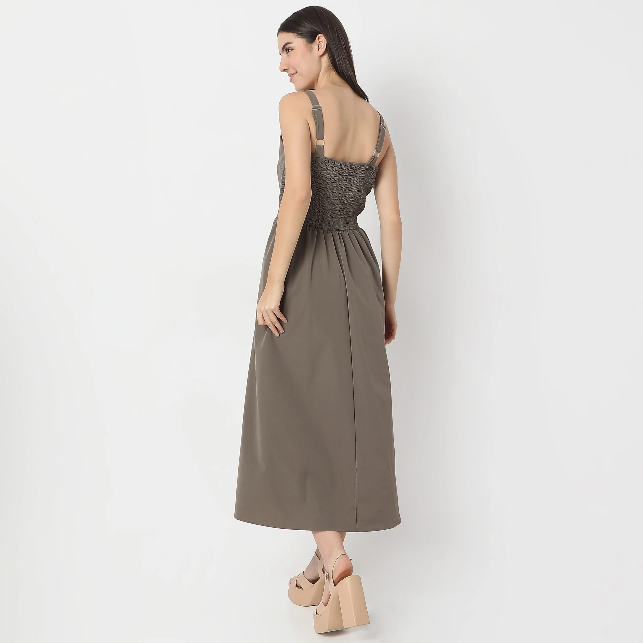 Flare Fit Calf Length Square Neck Sleeveless Dress - Image 3