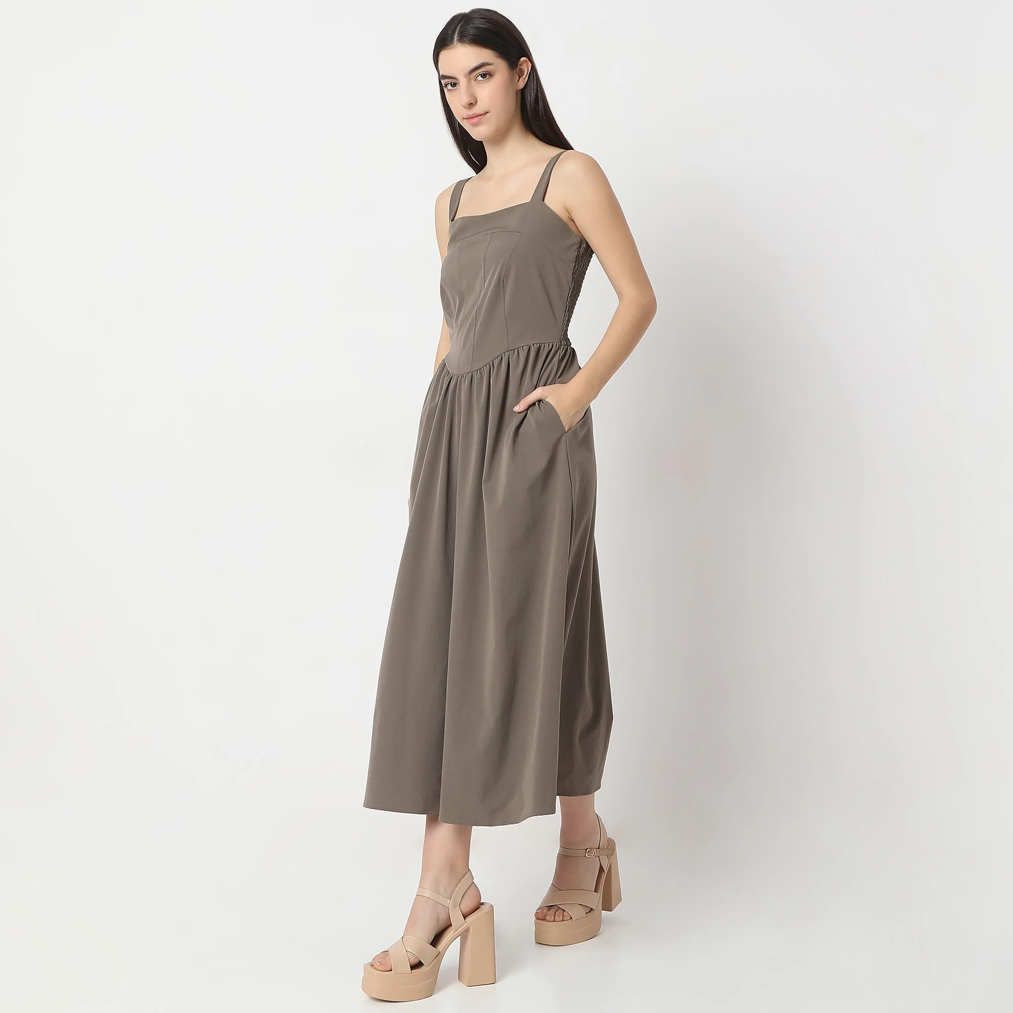 Flare Fit Calf Length Square Neck Sleeveless Dress - Image 5