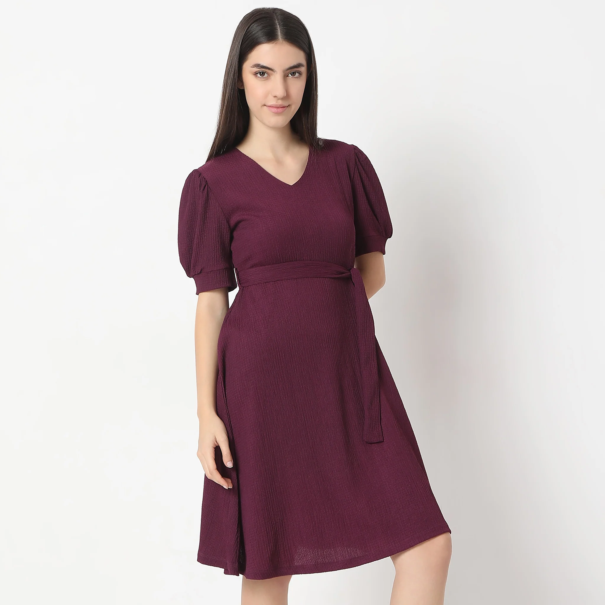 Flare Fit Knee Length Short Sleeve V-Neck Flared Dress - Image 10