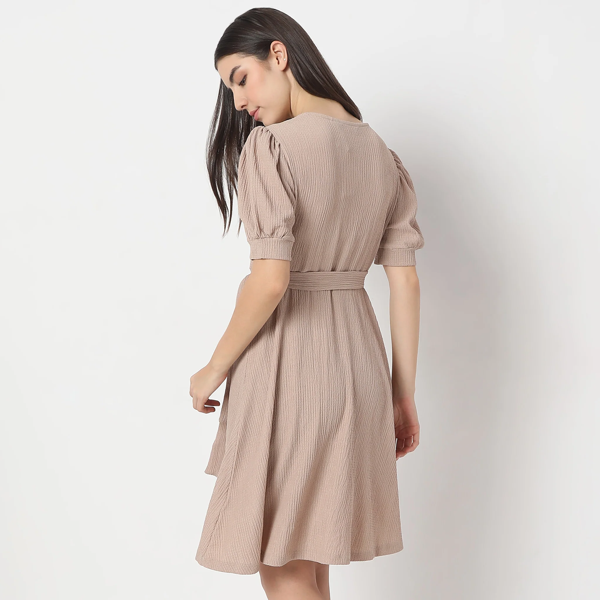 Flare Fit Knee Length Short Sleeve V-Neck Flared Dress - Image 3