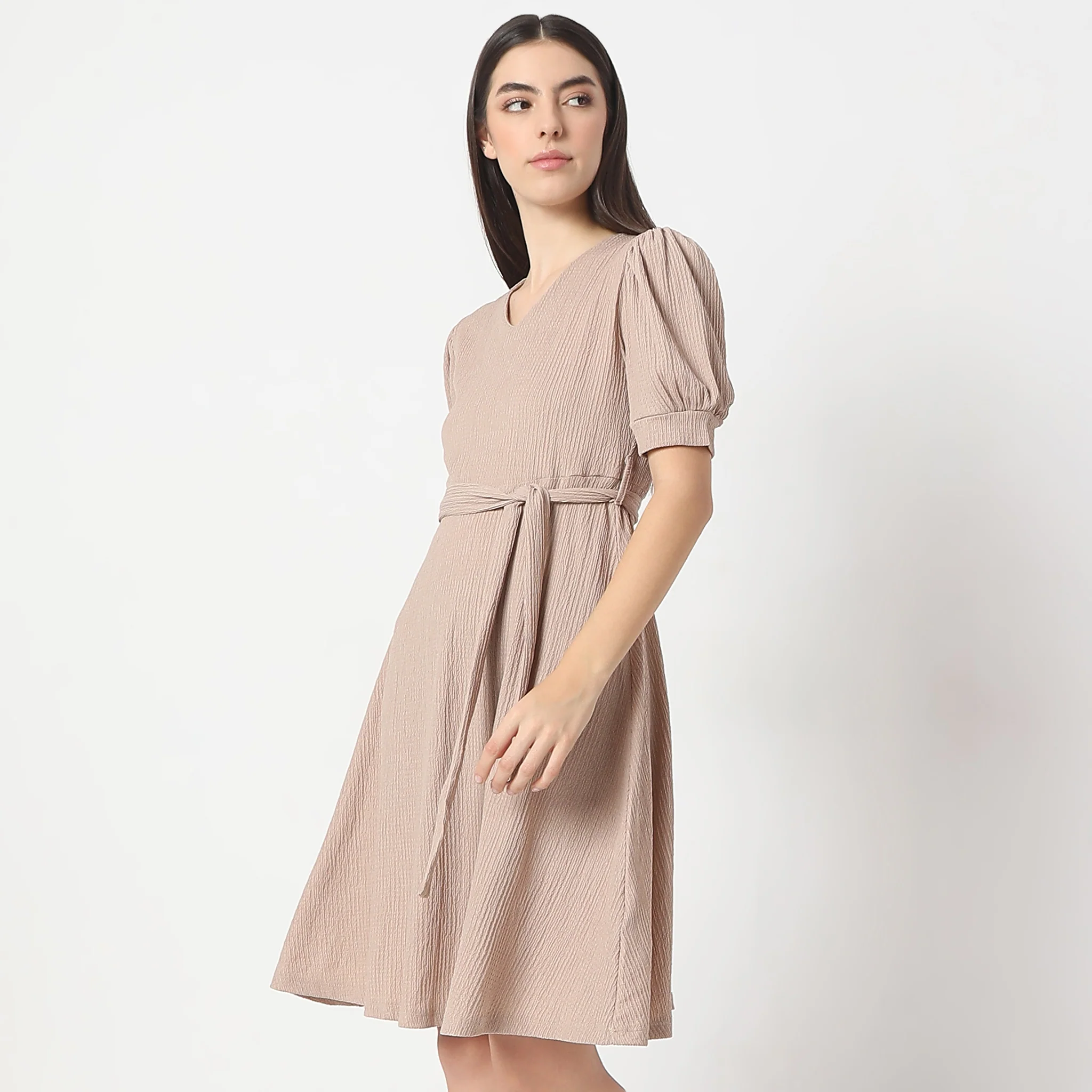 Flare Fit Knee Length Short Sleeve V-Neck Flared Dress - Image 5