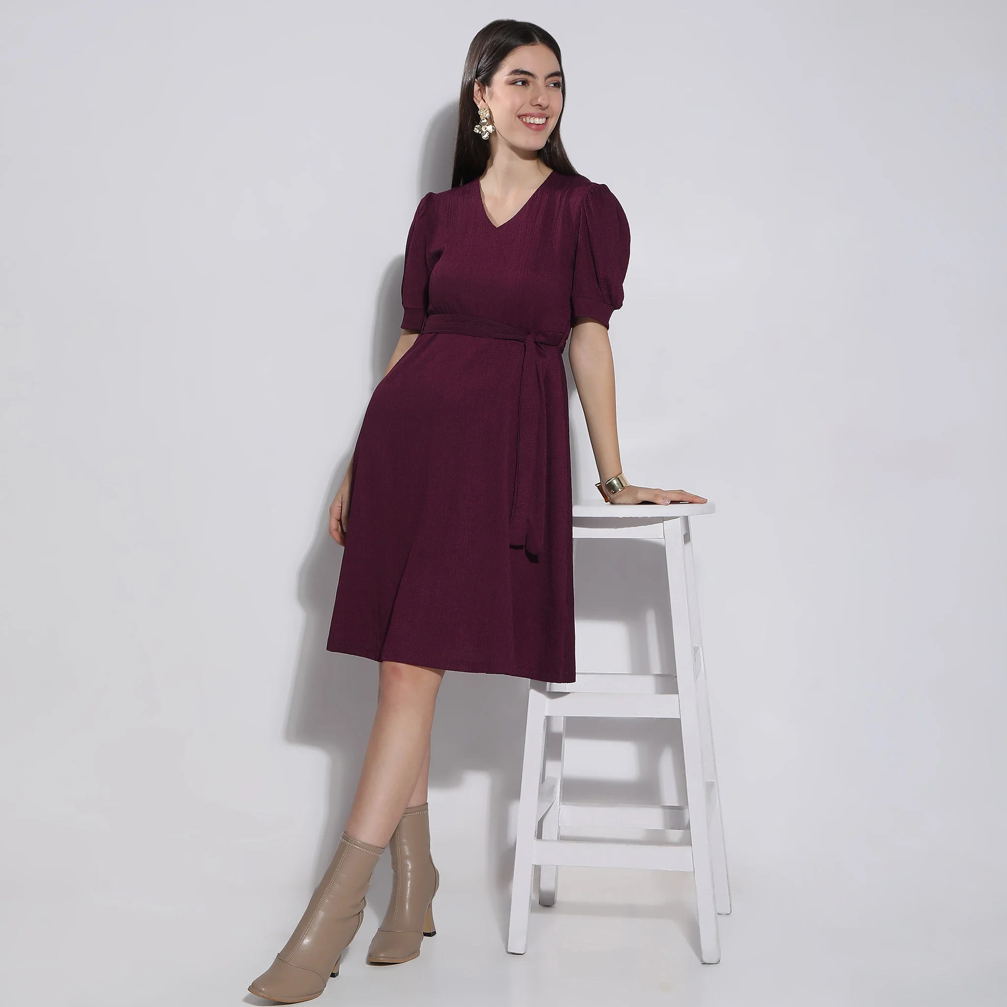 Flare Fit Knee Length Short Sleeve V-Neck Flared Dress - Image 6