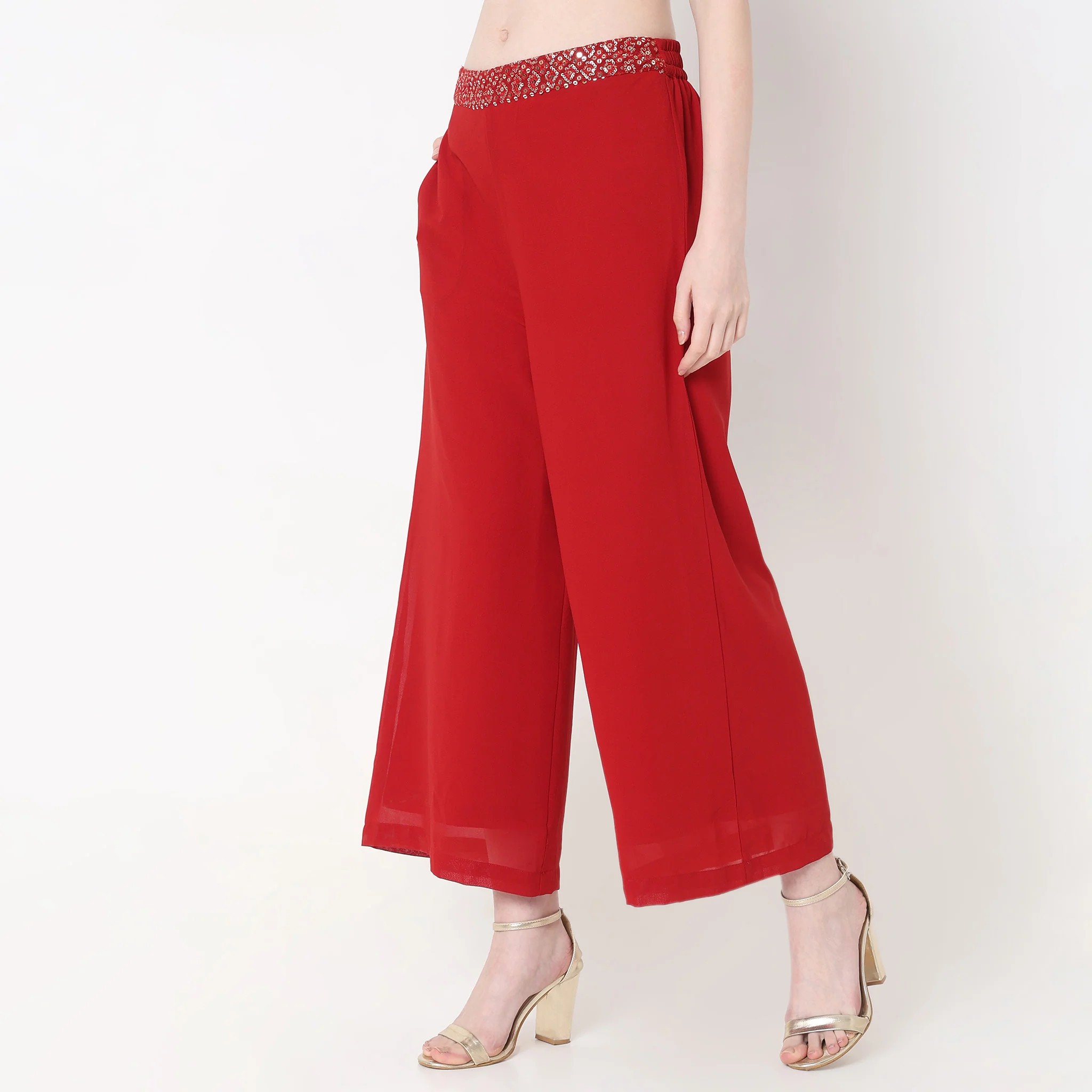 Flare Fit Solid High Rise Palazzos - Image 5