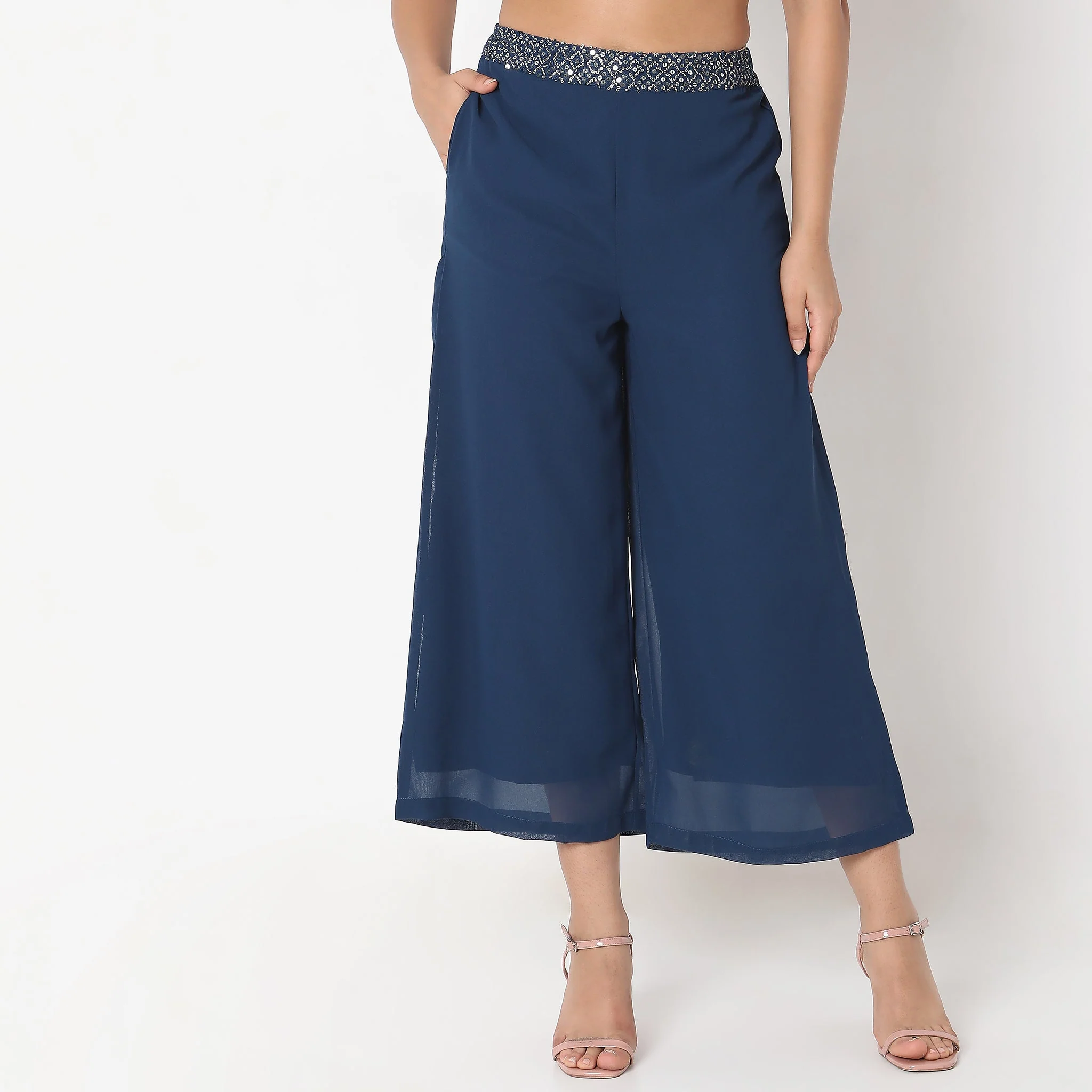 Flare Fit Solid High Rise Palazzos - Image 7