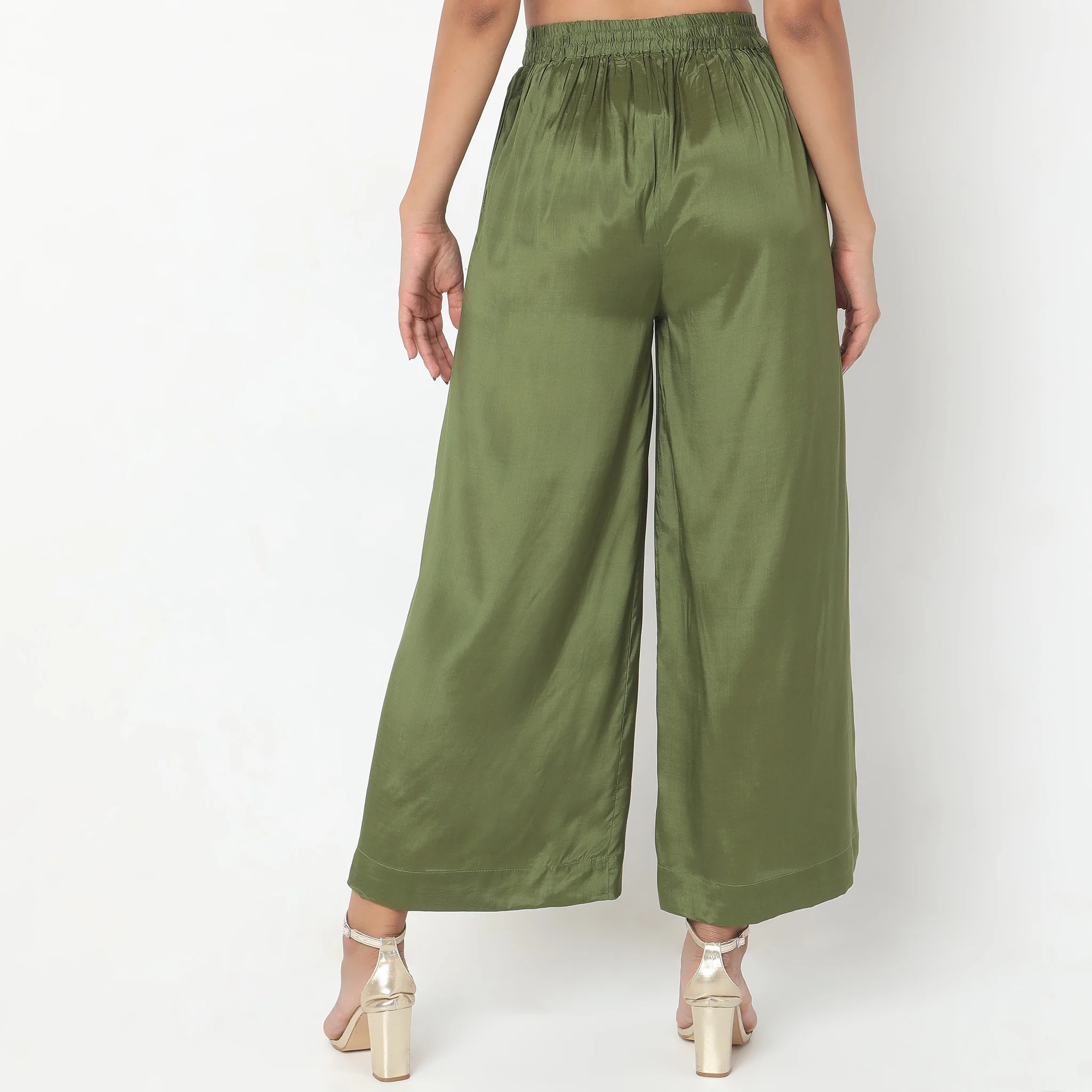 Flare Fit Solid High Rise Palazzos - Image 3
