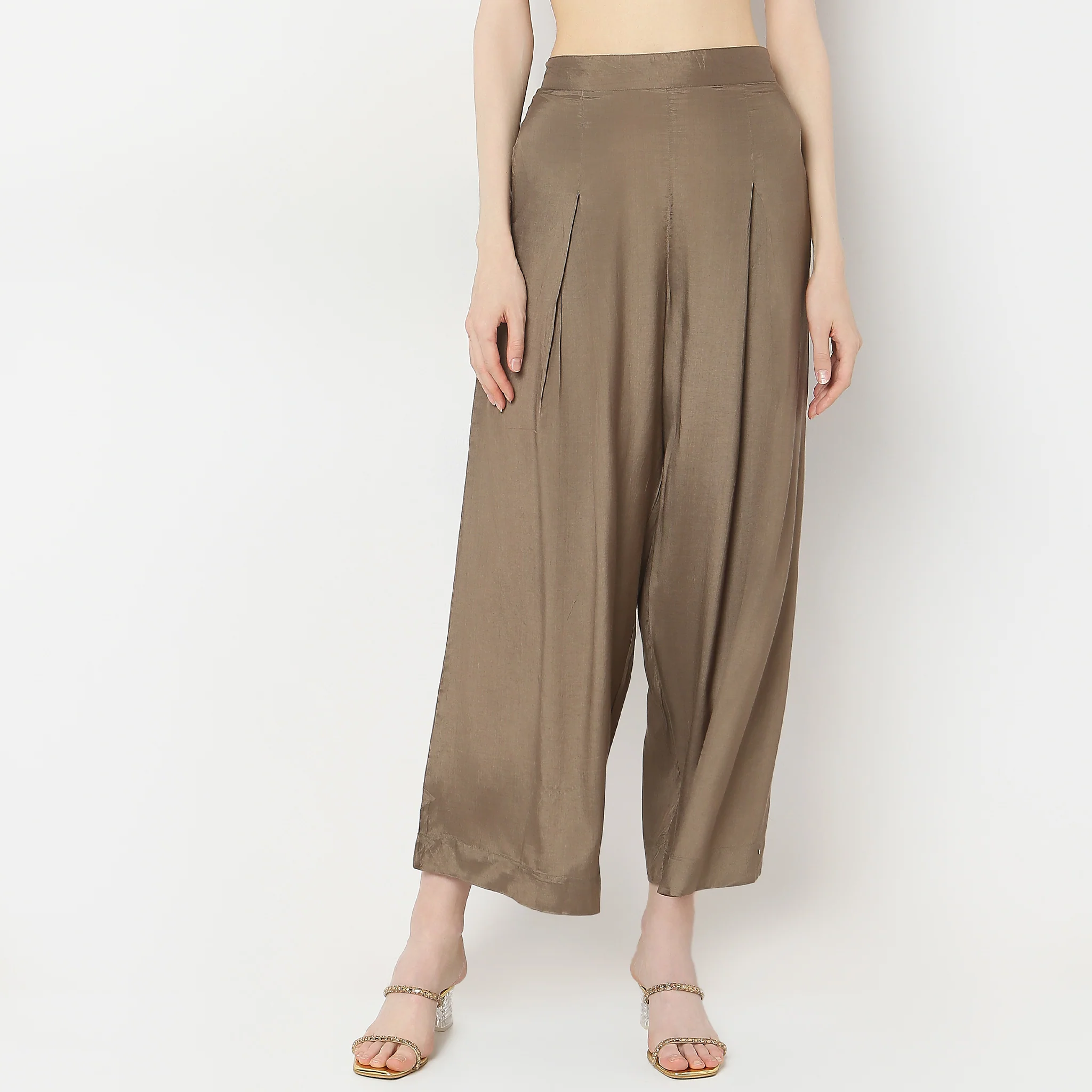 Flare Fit Solid High Rise Palazzos - Image 2