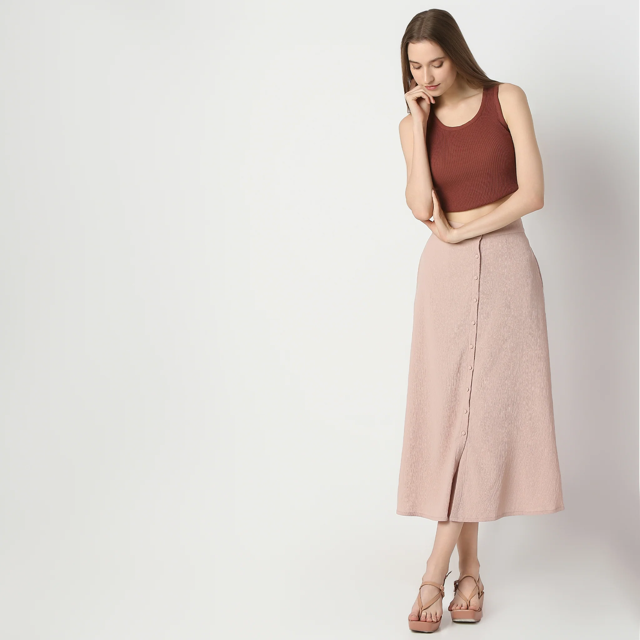 Flare Fit Calf Length High Rise Elasticated Waist Skirt