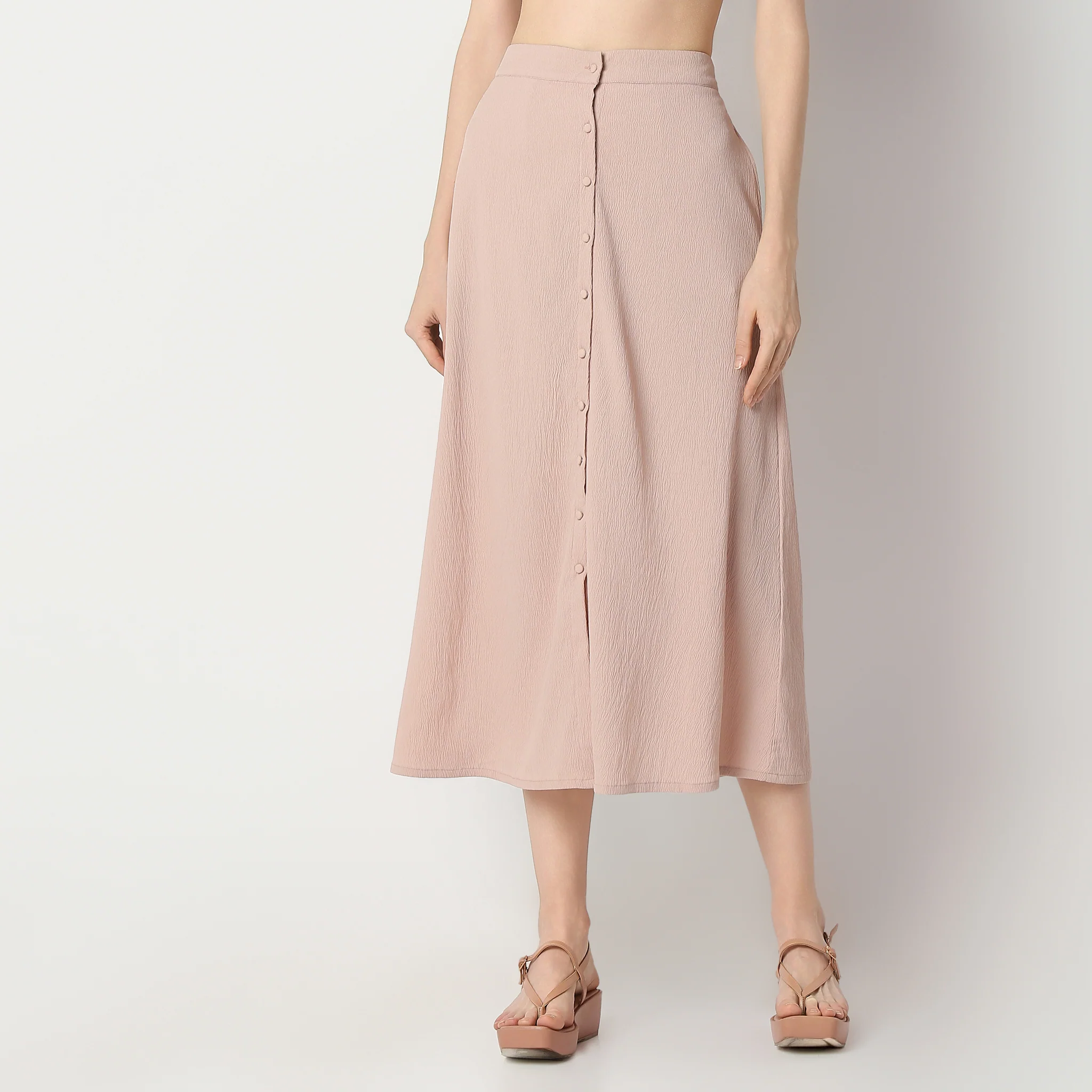 Flare Fit Calf Length High Rise Elasticated Waist Skirt - Image 2