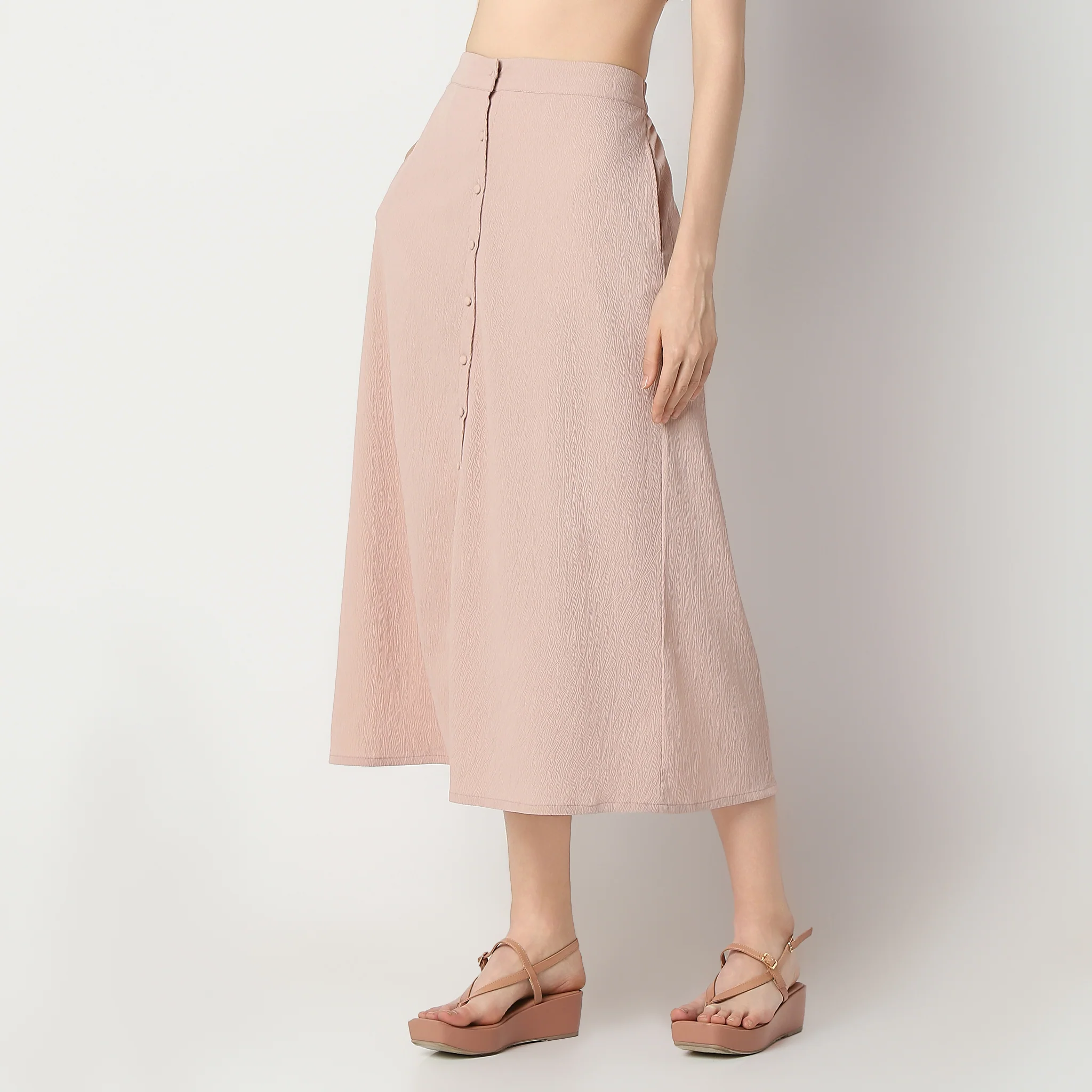 Flare Fit Calf Length High Rise Elasticated Waist Skirt - Image 5