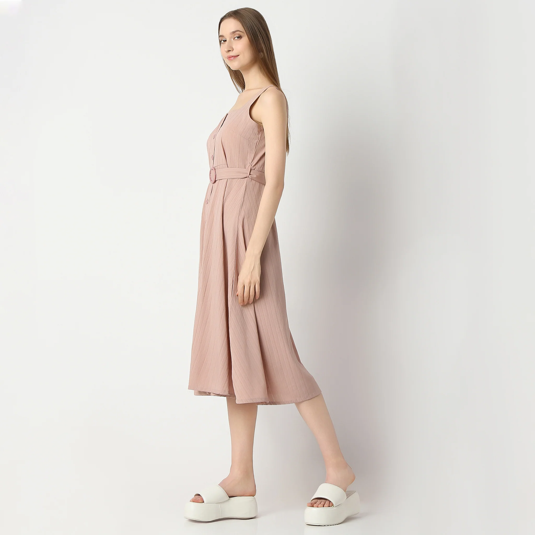 Flare Fit Knee Length Square Neck Strap Shoulder Smocking Dress - Image 5
