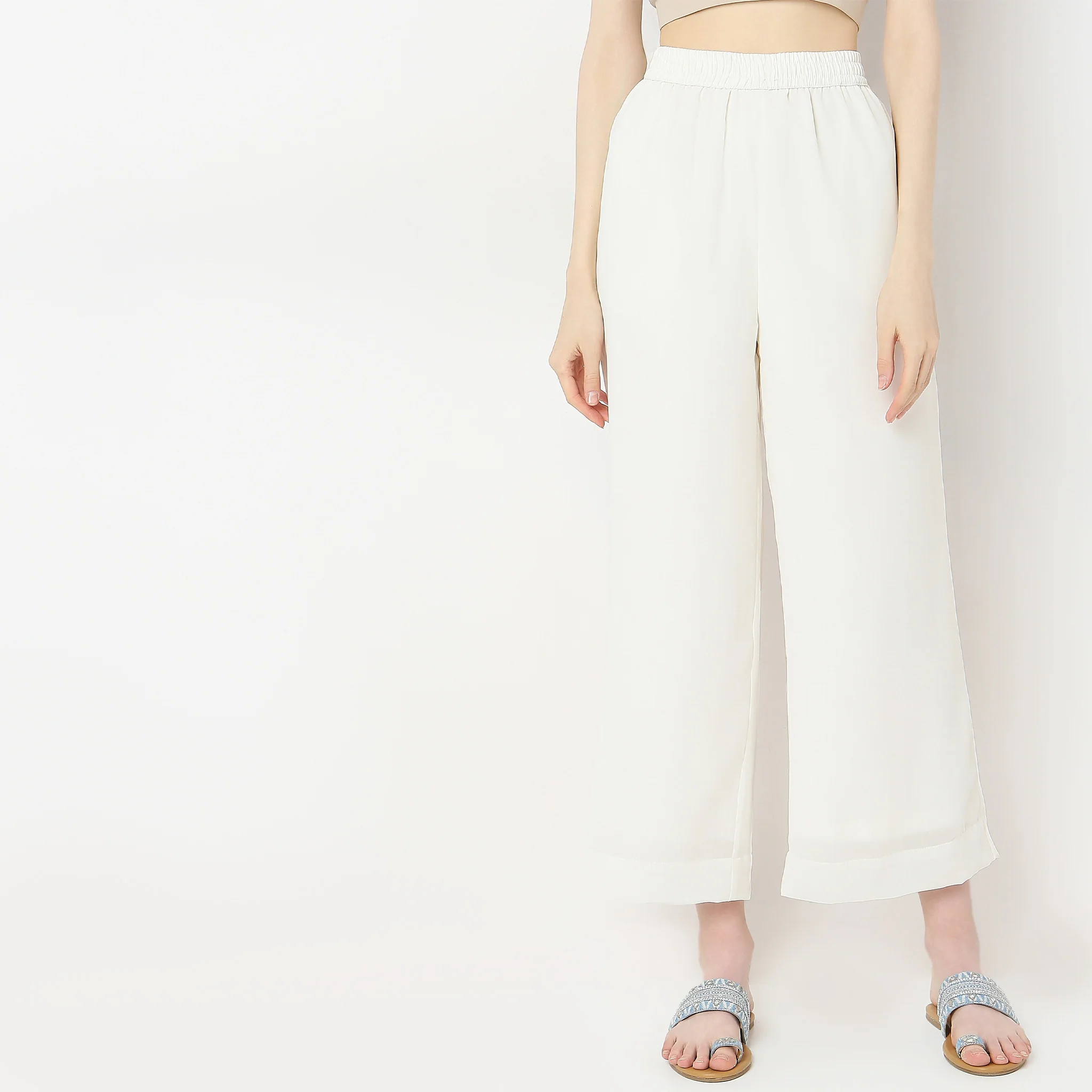 Flare Fit Solid Mid Rise Palazzos - Image 2