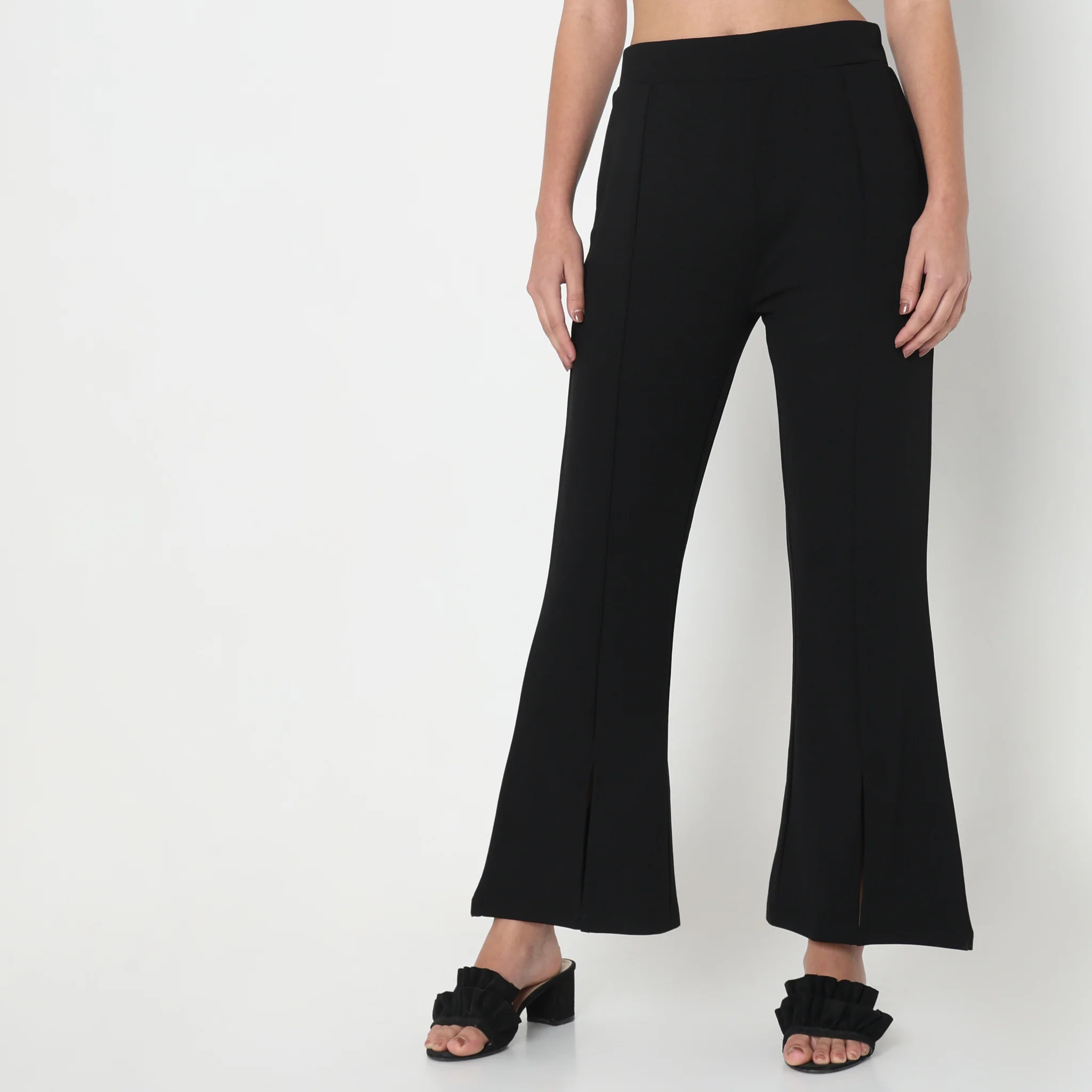 Flare Fit Solid Mid Rise Palazzos - Image 4