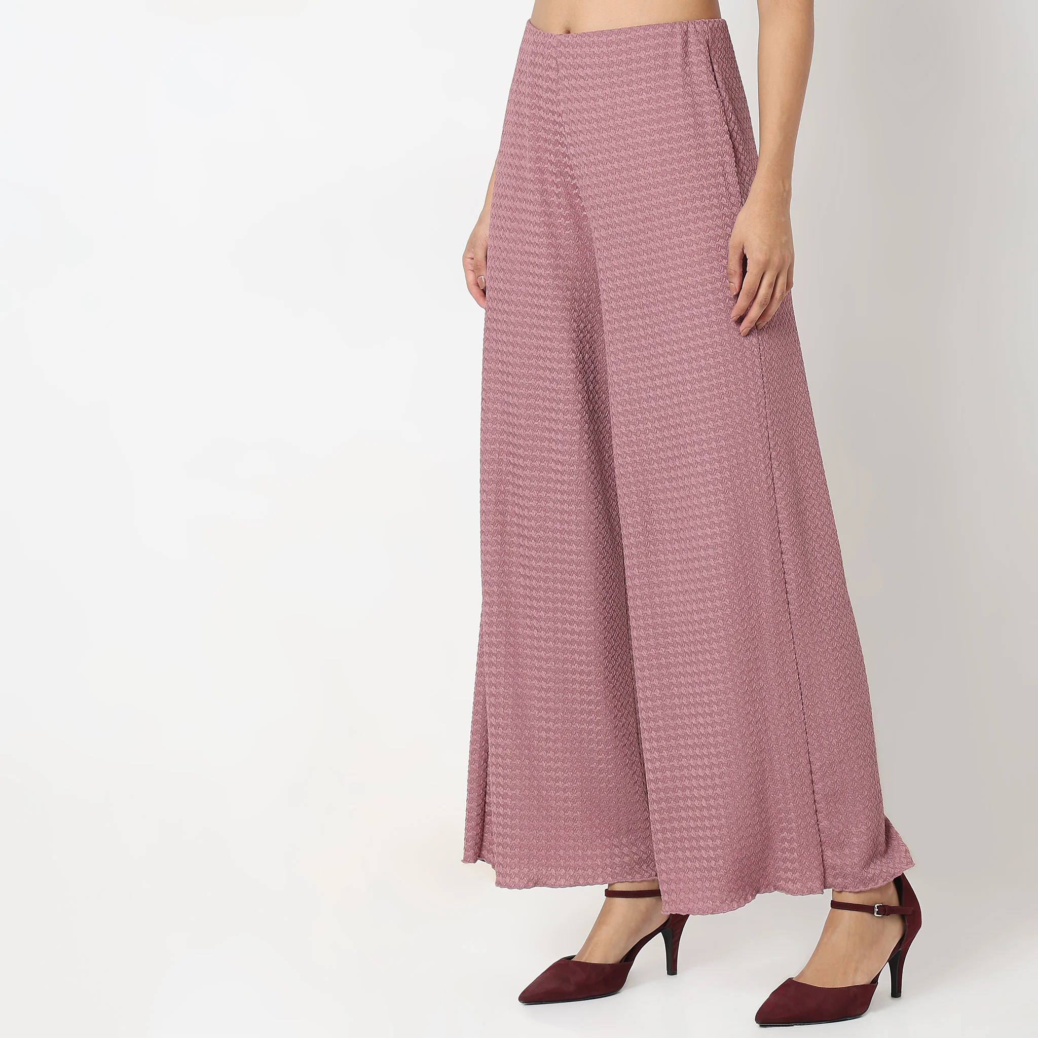 Flare Fit Solid Mid Rise Palazzos - Image 5