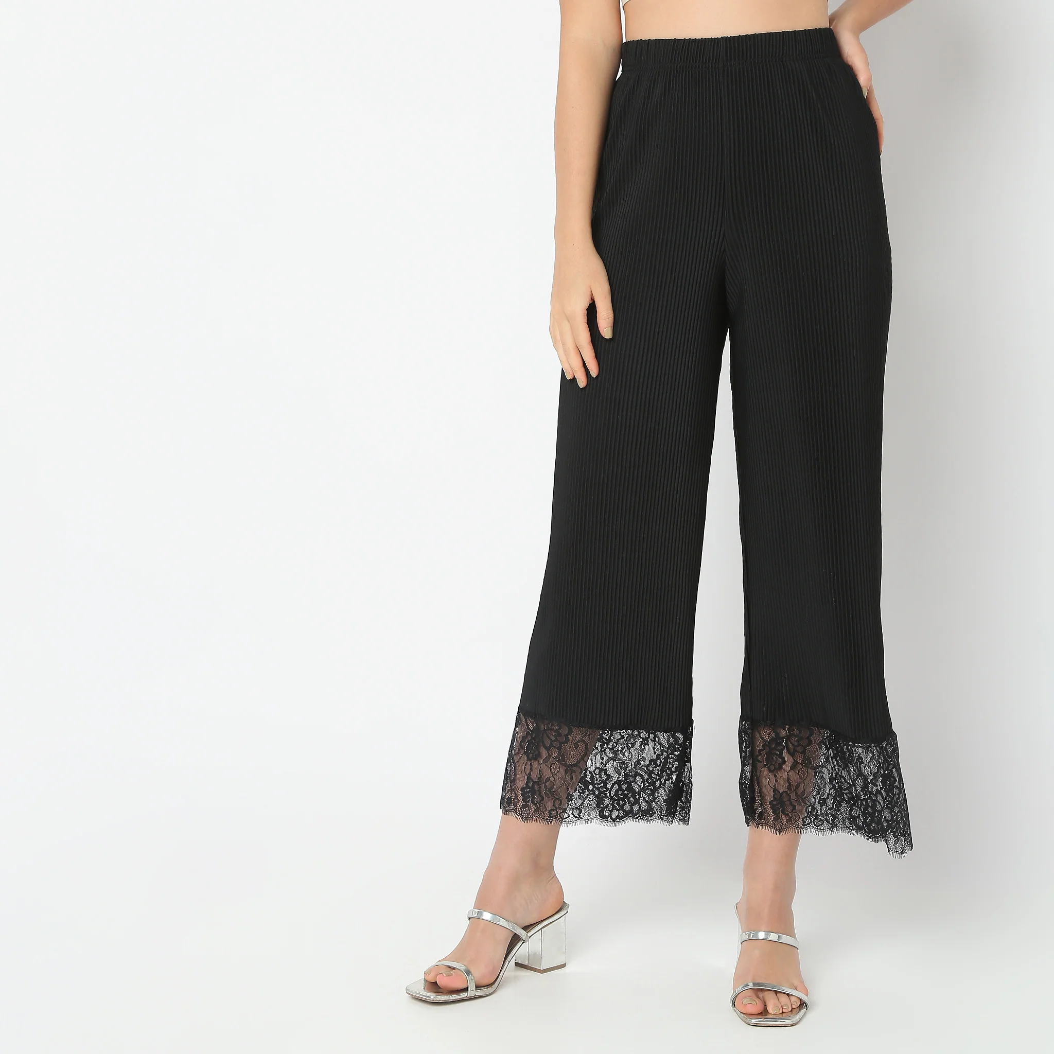 Flare Fit Solid Mid Rise Palazzos - Image 2