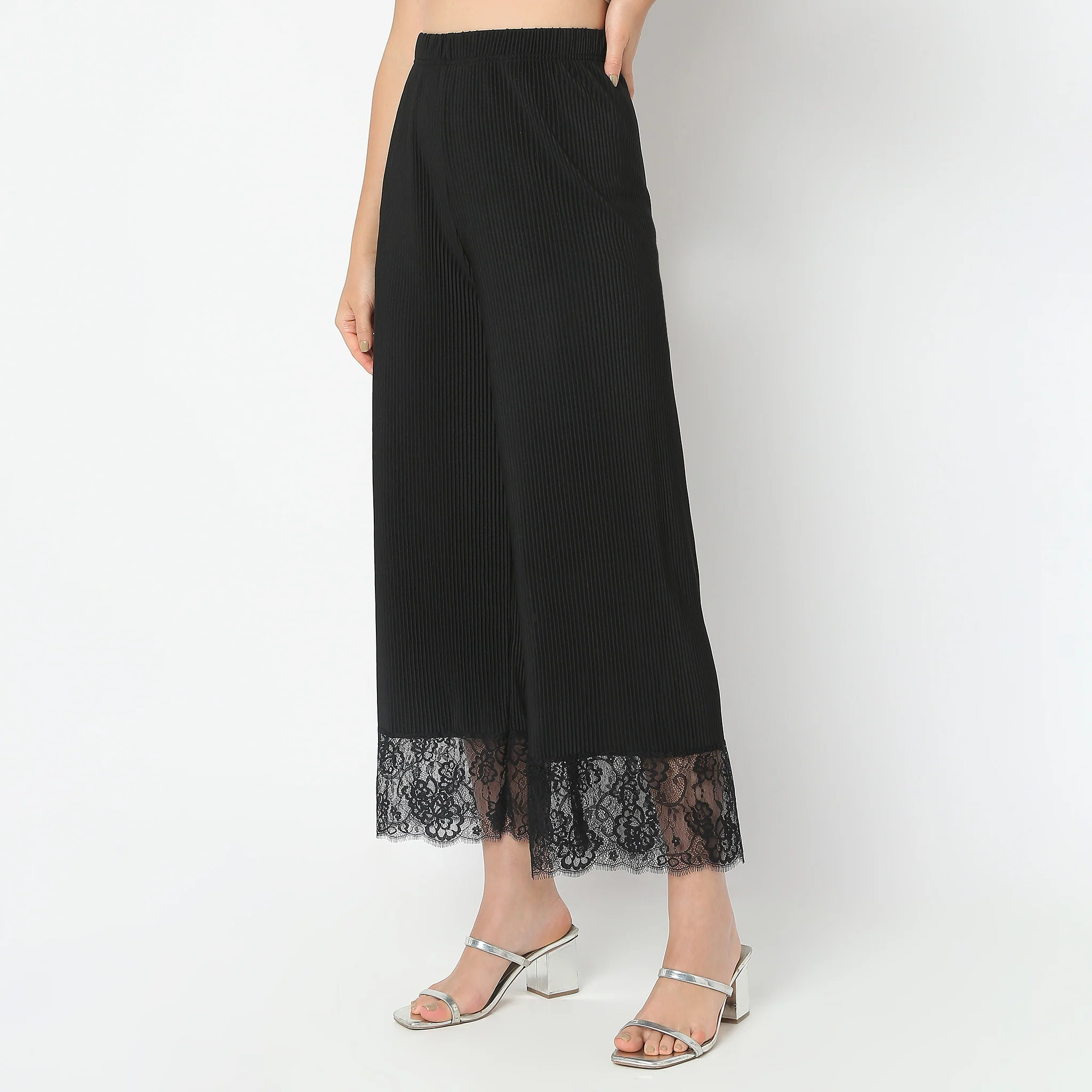Flare Fit Solid Mid Rise Palazzos - Image 5
