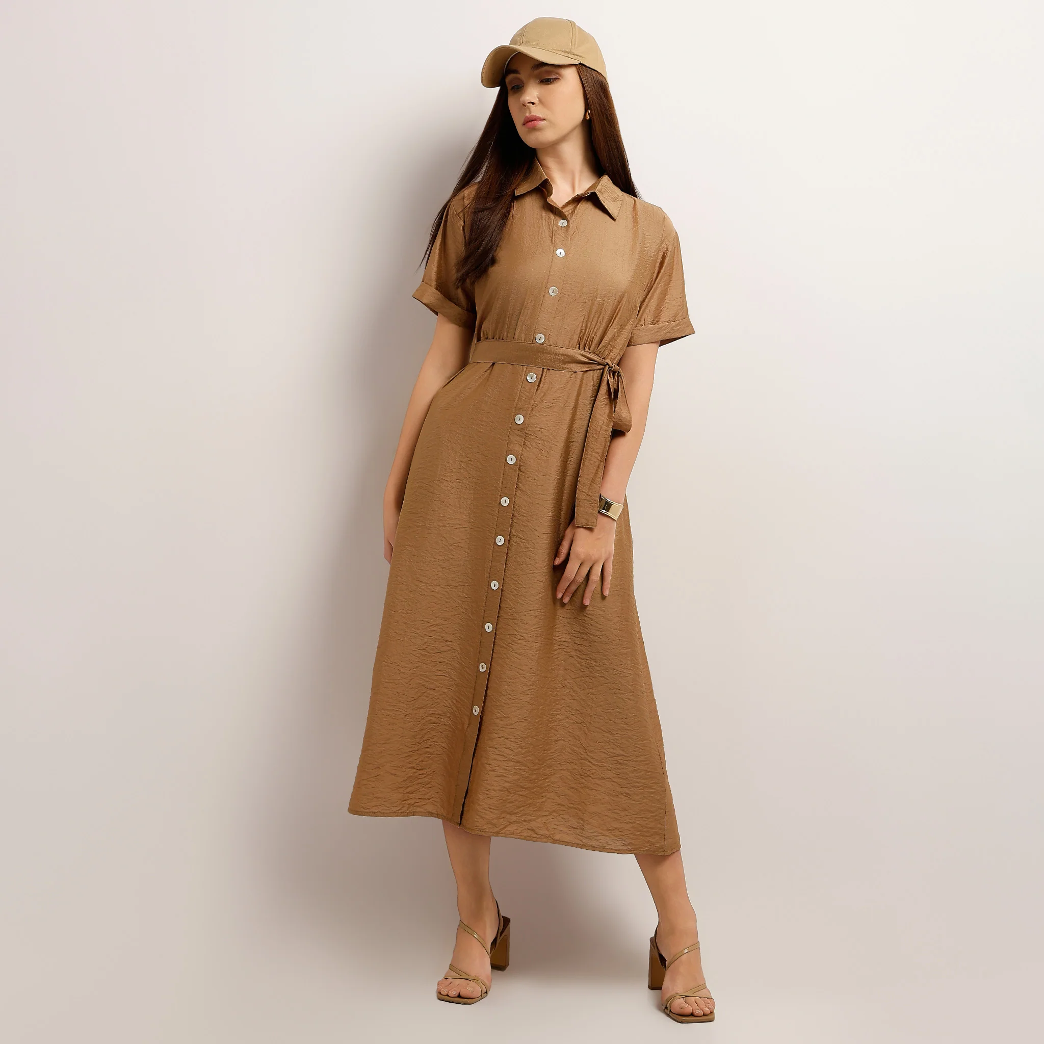 Below Knee Flare Fit Solid Dress