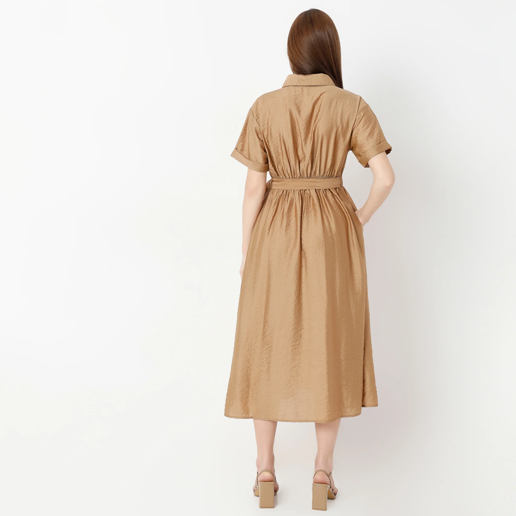 Below Knee Flare Fit Solid Dress - Image 3