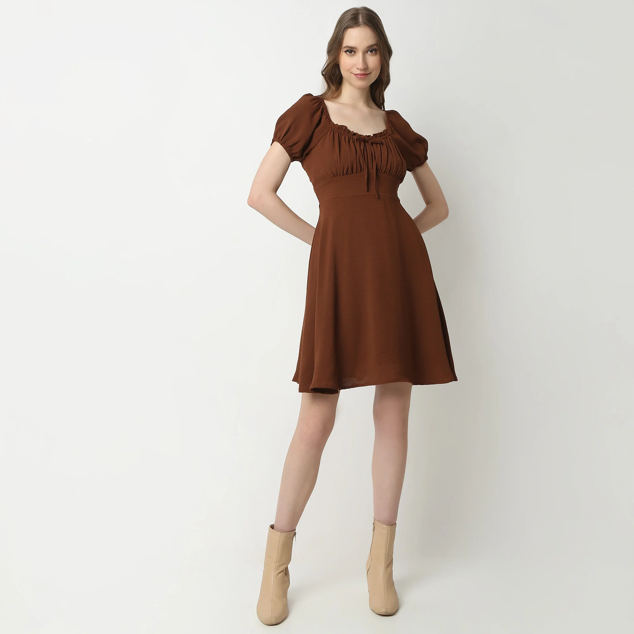 Flare Fit Short Sleeve Square Neck Above Knee Dress - Image 2
