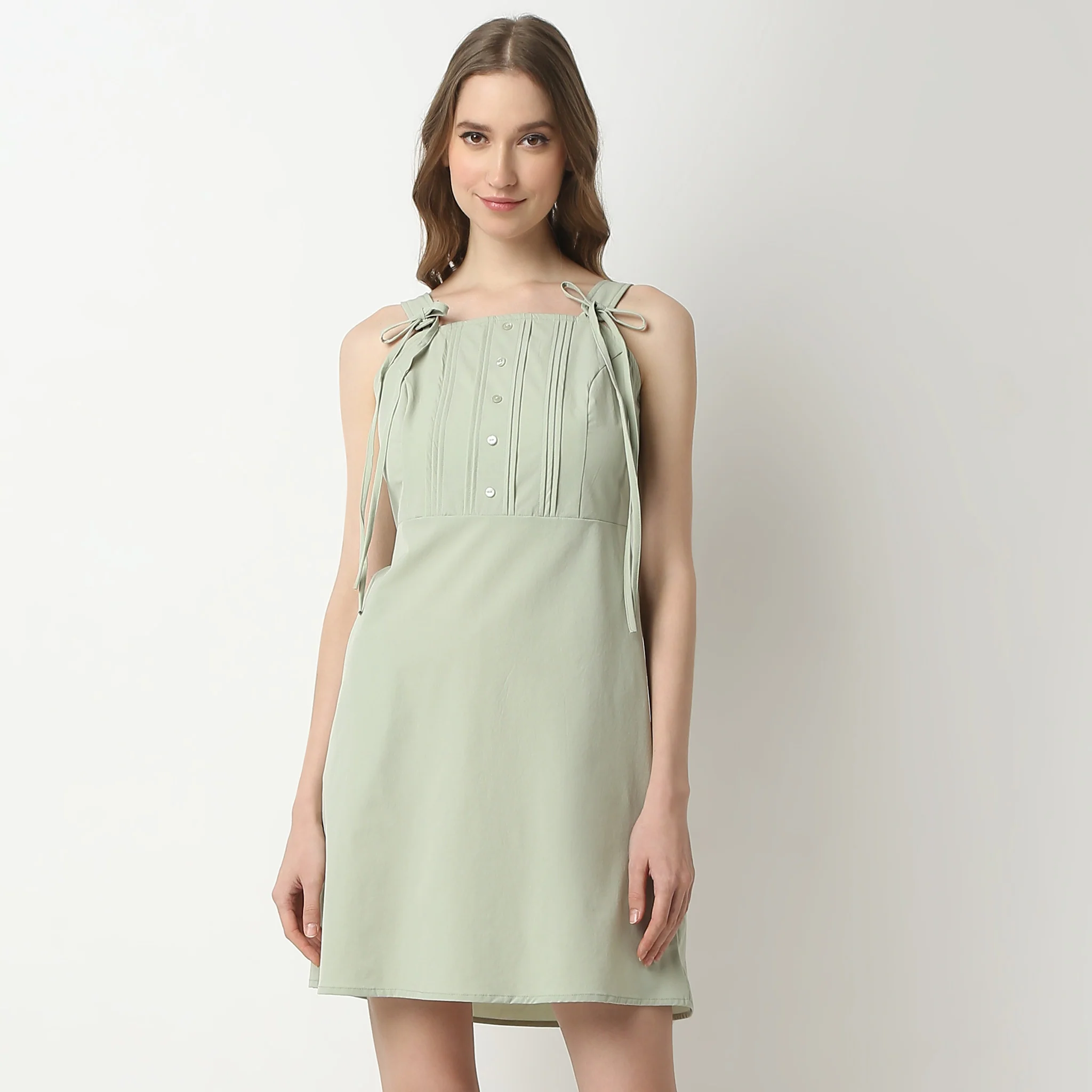 Flare Fit Sleeveless Square Neck Above Knee Betty Dress With Show Buttons - Image 2