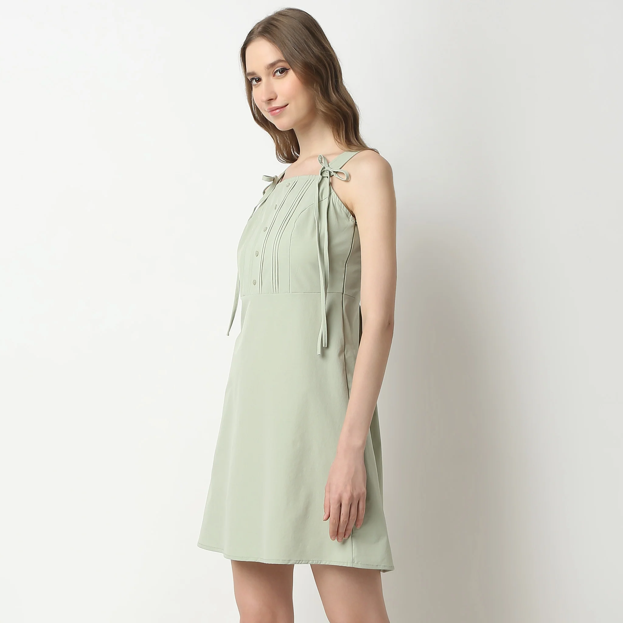 Flare Fit Sleeveless Square Neck Above Knee Betty Dress With Show Buttons - Image 4