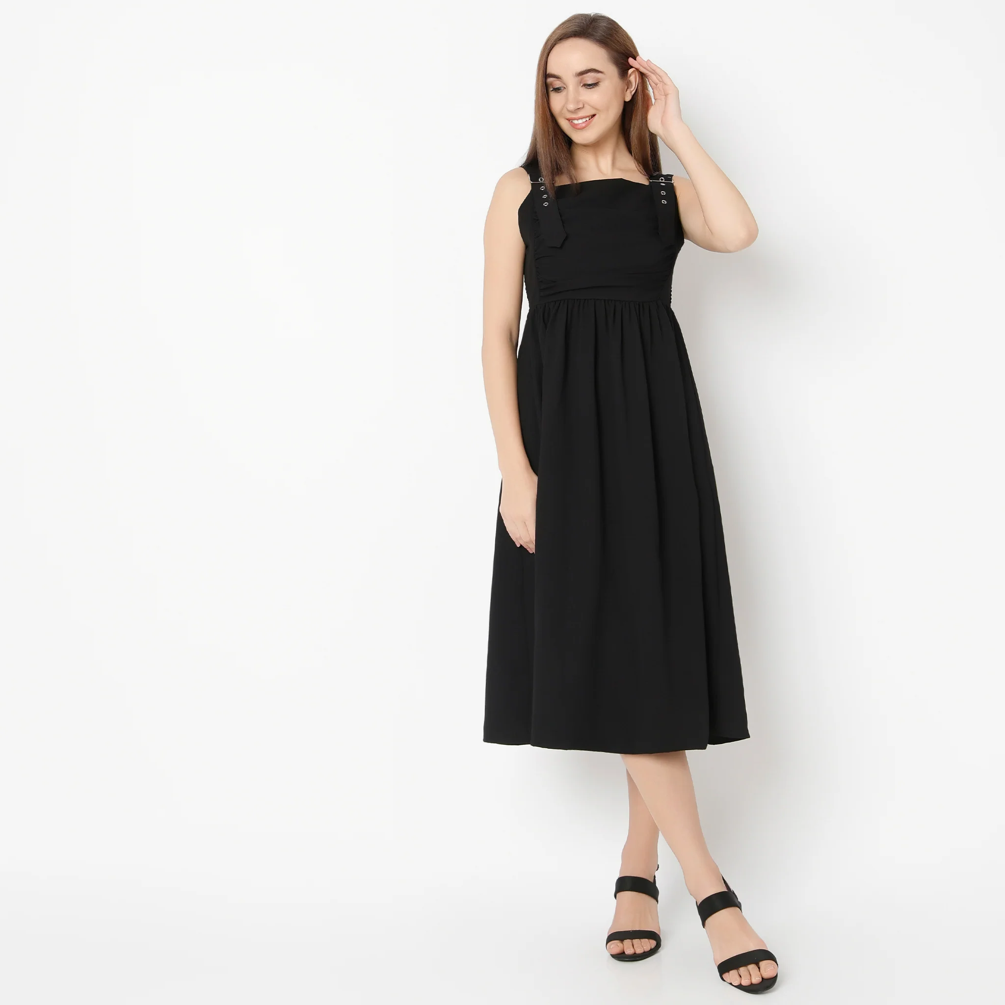 Square Neck Calf Length Solid Flare Fit Strap Dress - Image 2