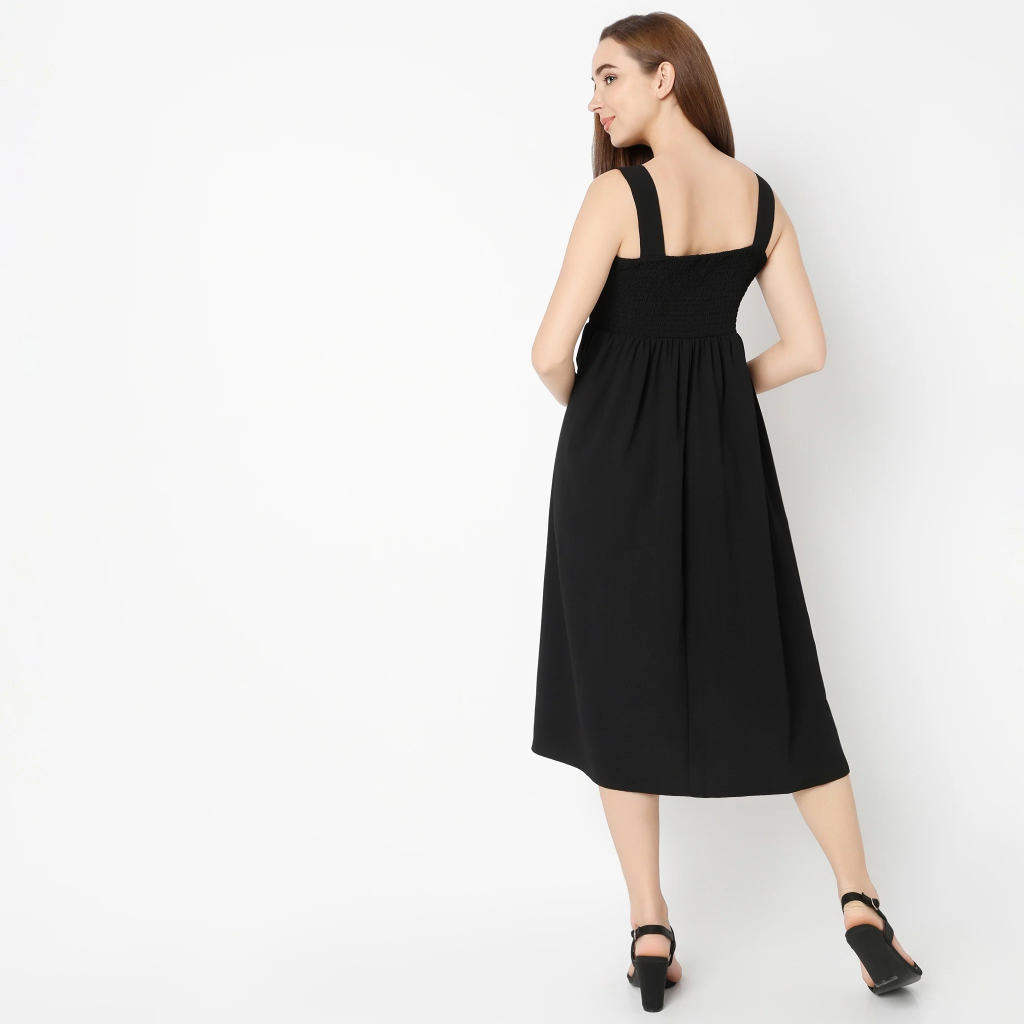 Square Neck Calf Length Solid Flare Fit Strap Dress - Image 3