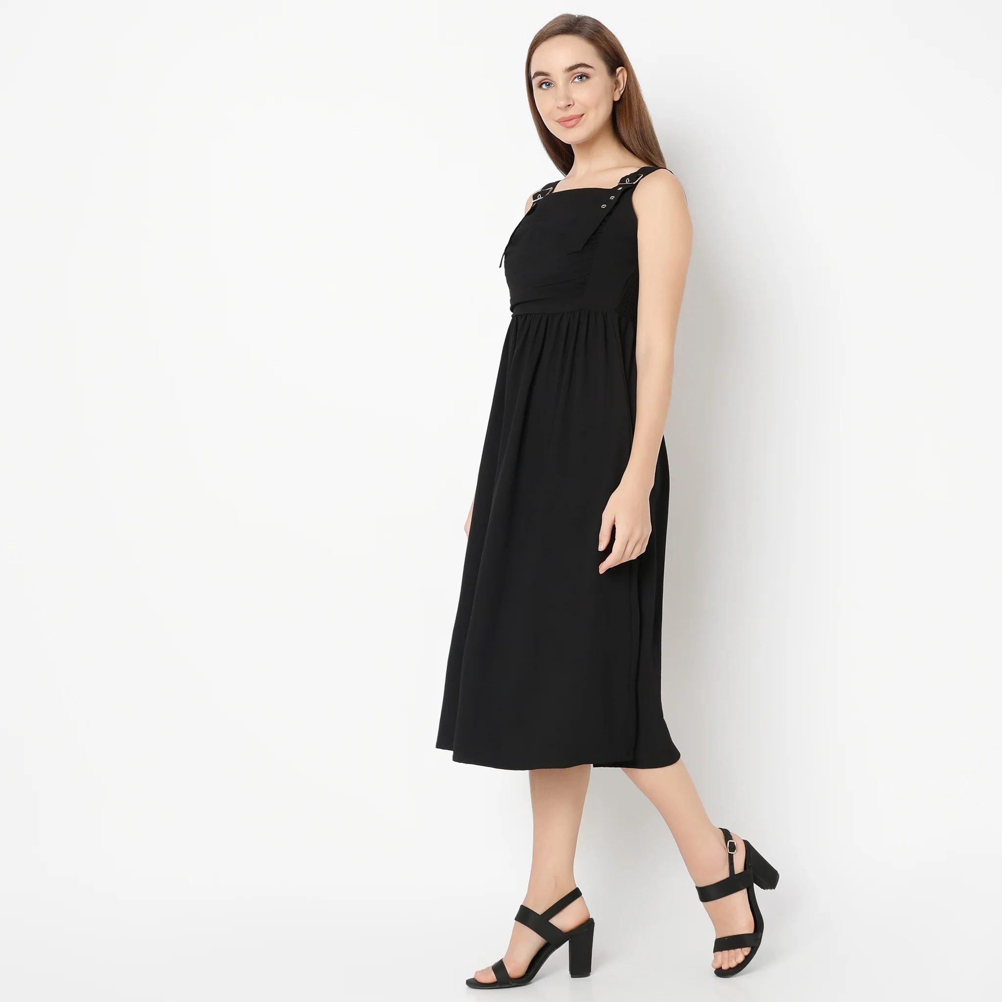 Square Neck Calf Length Solid Flare Fit Strap Dress - Image 5