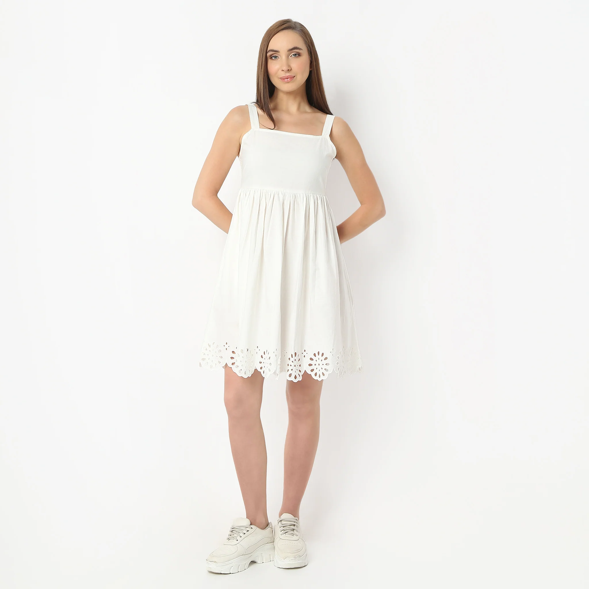 Flare Fit Knee Length Sleeveless Cotton Dress With Cutwork - Image 2