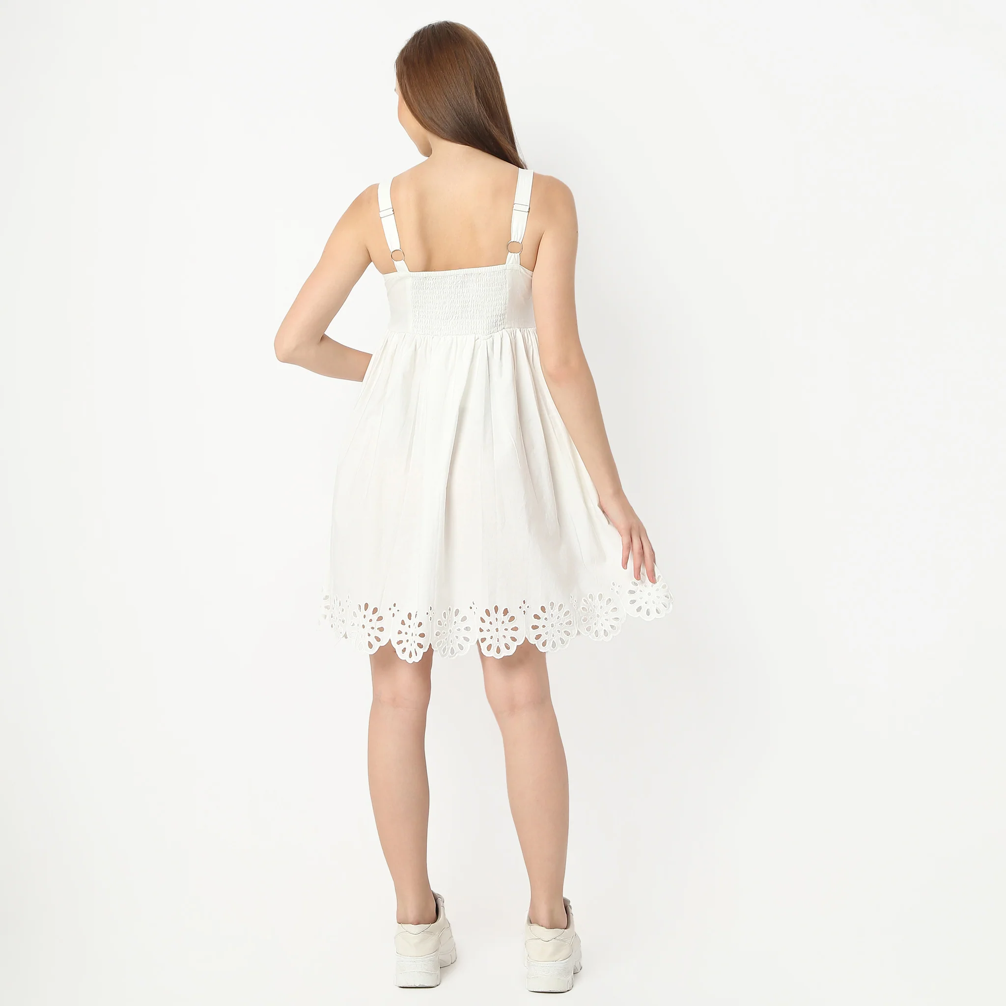 Flare Fit Knee Length Sleeveless Cotton Dress With Cutwork - Image 3