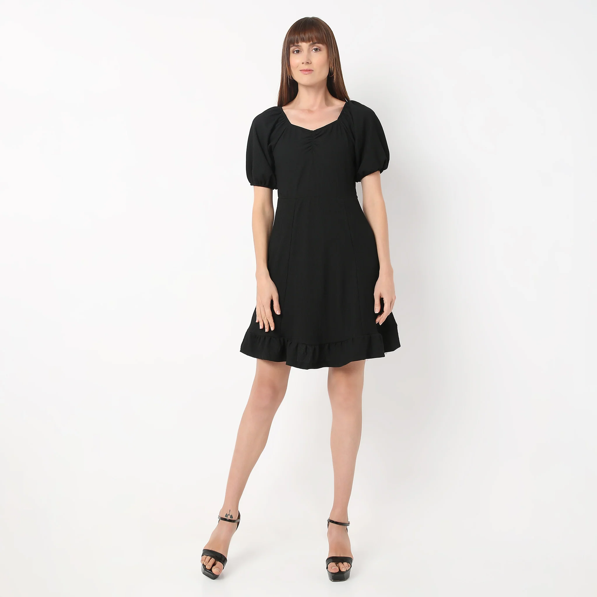 Sweetheart Neck Above Knee Flared Sleeve Flare Fit Solid Dress - Image 2