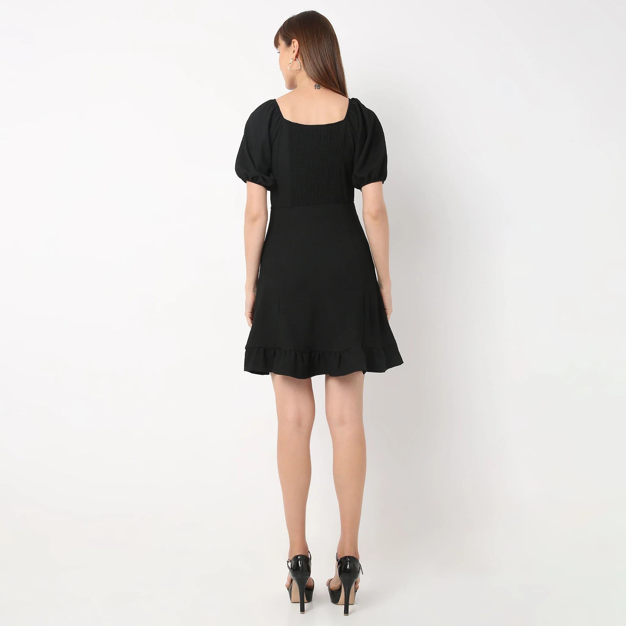 Sweetheart Neck Above Knee Flared Sleeve Flare Fit Solid Dress - Image 4