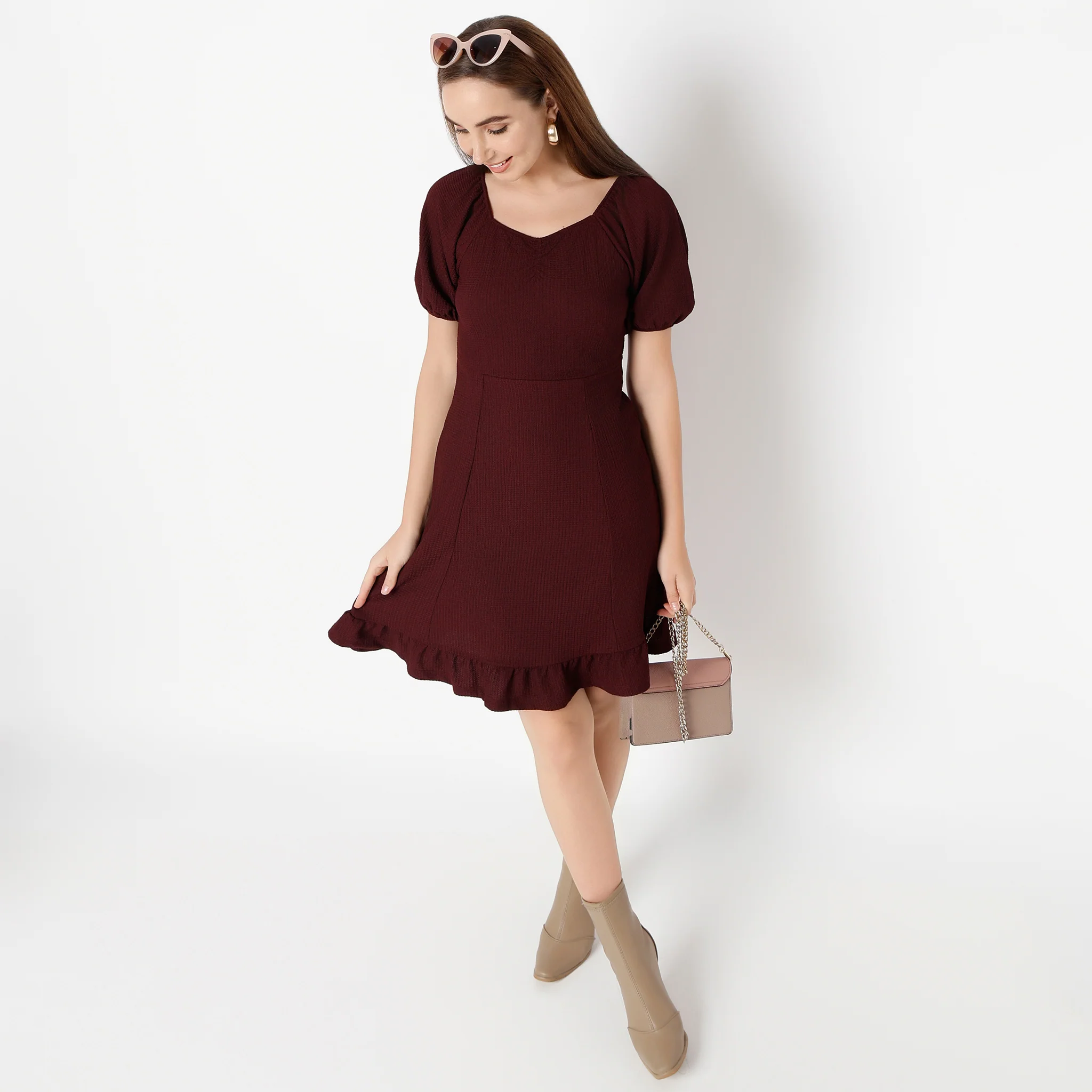 Sweetheart Neck Above Knee Flared Sleeve Flare Fit Solid Dress - Image 6