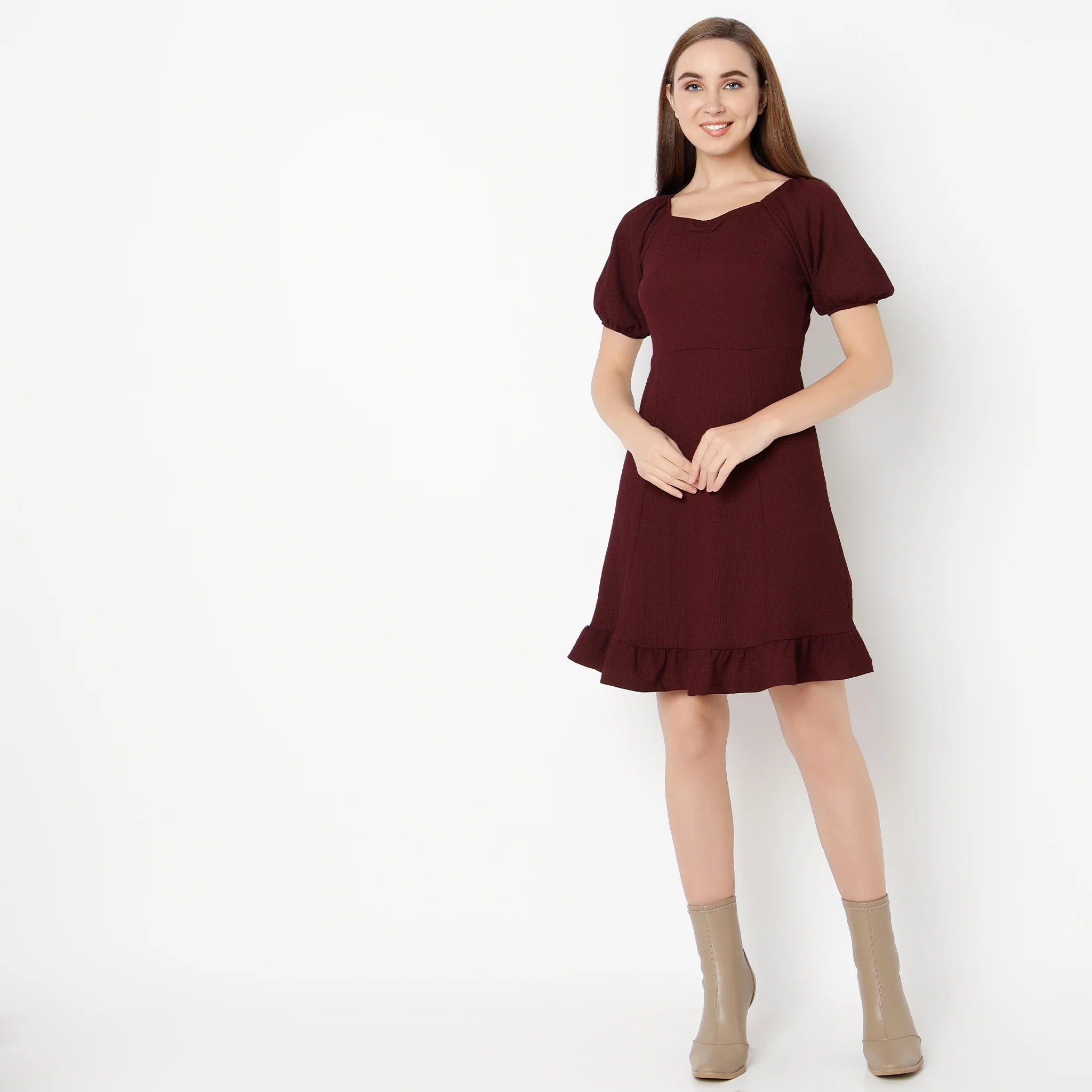 Sweetheart Neck Above Knee Flared Sleeve Flare Fit Solid Dress - Image 7