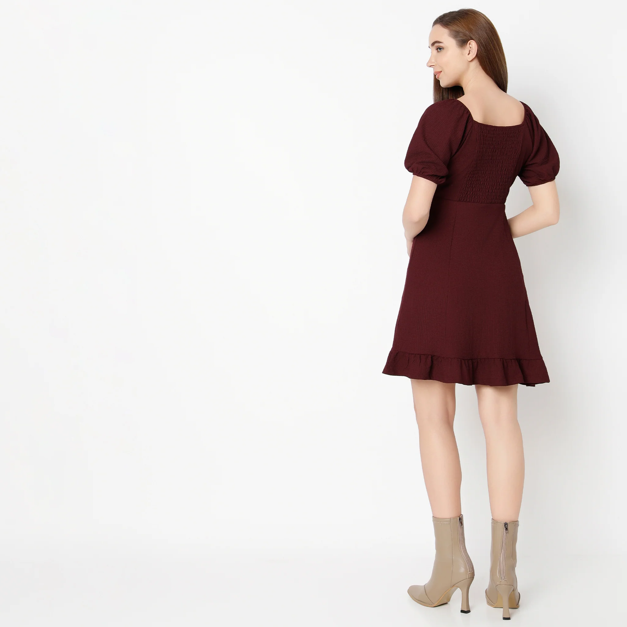 Sweetheart Neck Above Knee Flared Sleeve Flare Fit Solid Dress - Image 8