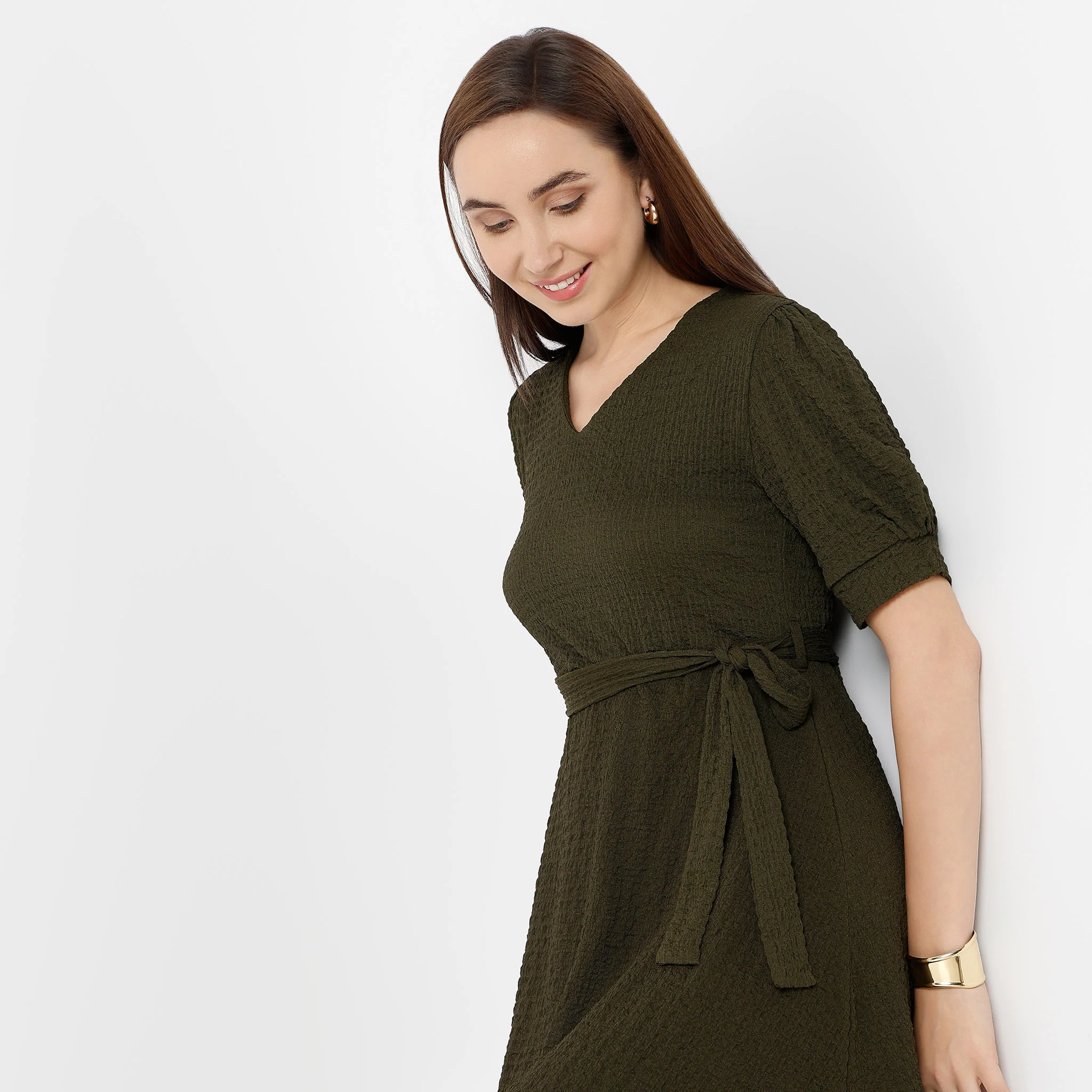 Betty V-Neck Short Dress With Belt Detail At Waist - Image 2