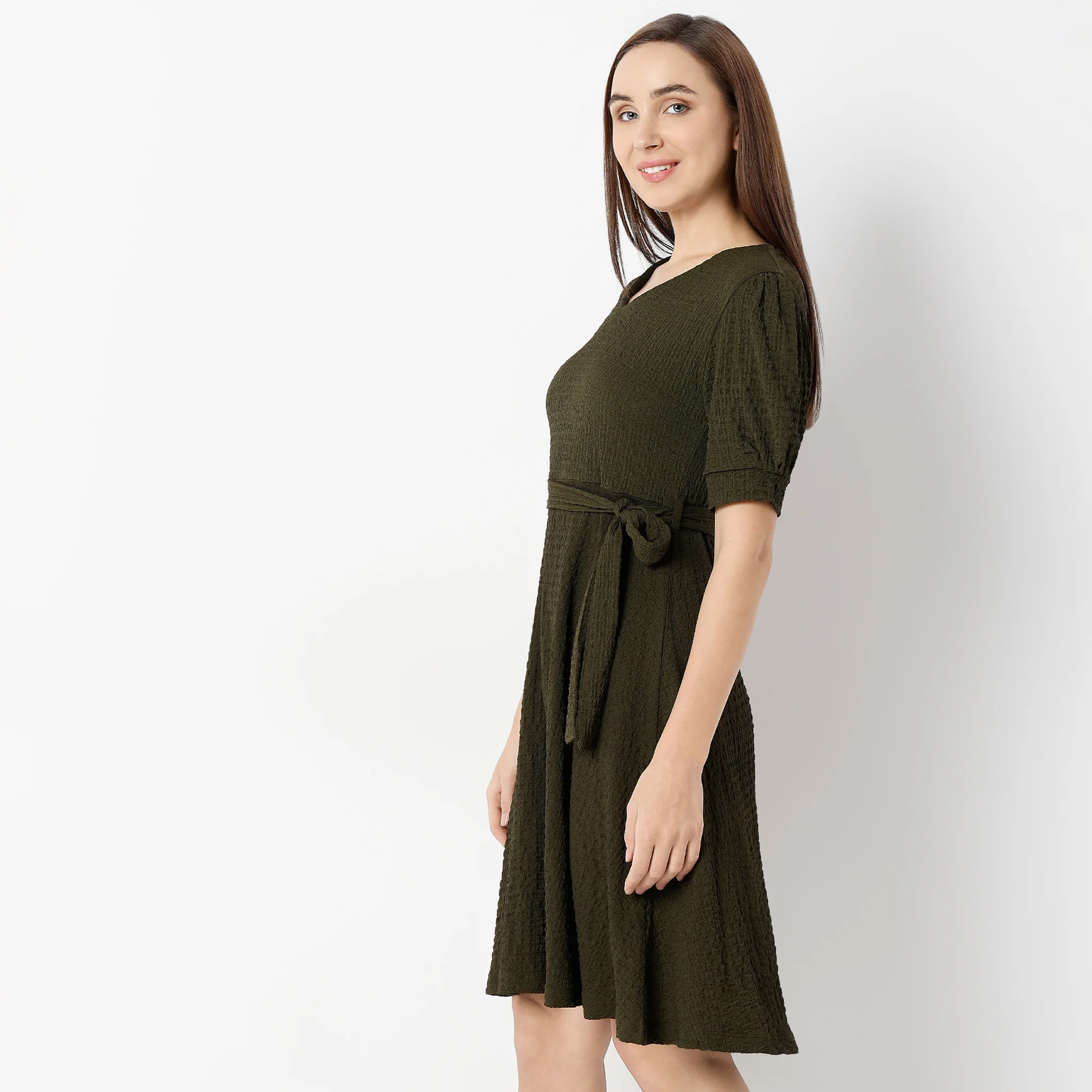 Betty V-Neck Short Dress With Belt Detail At Waist - Image 5