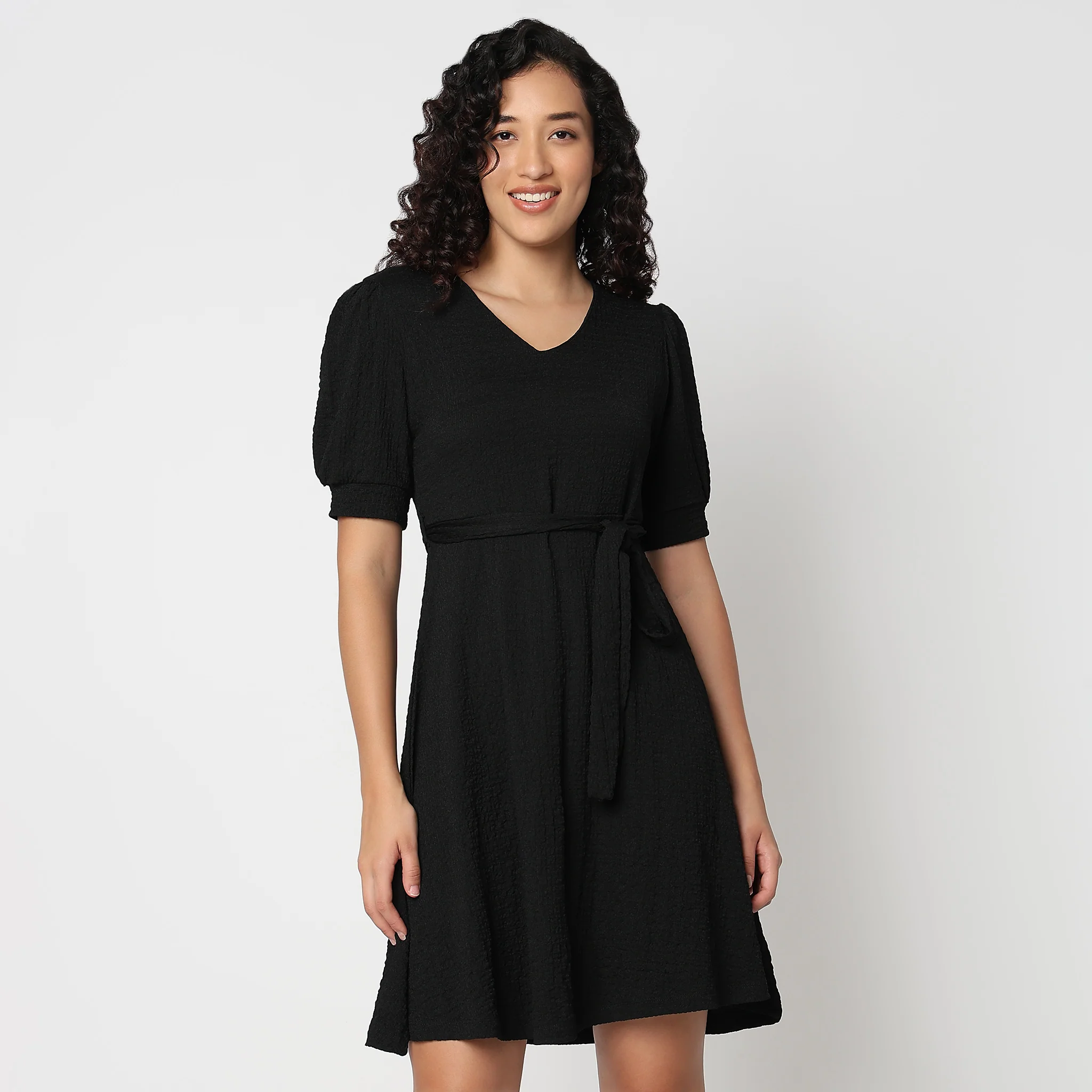 Betty V-Neck Short Dress With Belt Detail At Waist - Image 7