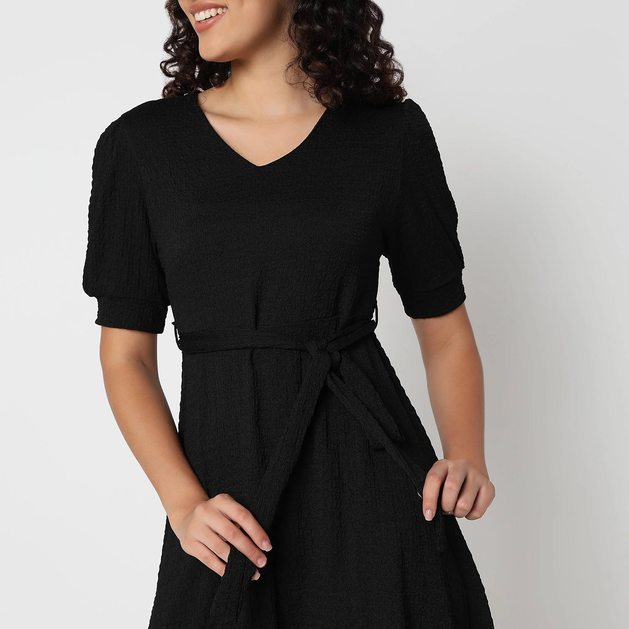 Betty V-Neck Short Dress With Belt Detail At Waist - Image 9